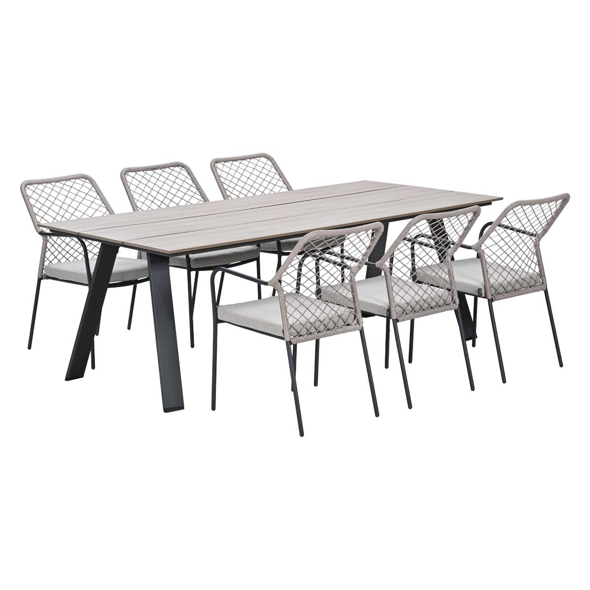 A grey dining table with six matching chairs featuring woven seats and metal frames.
