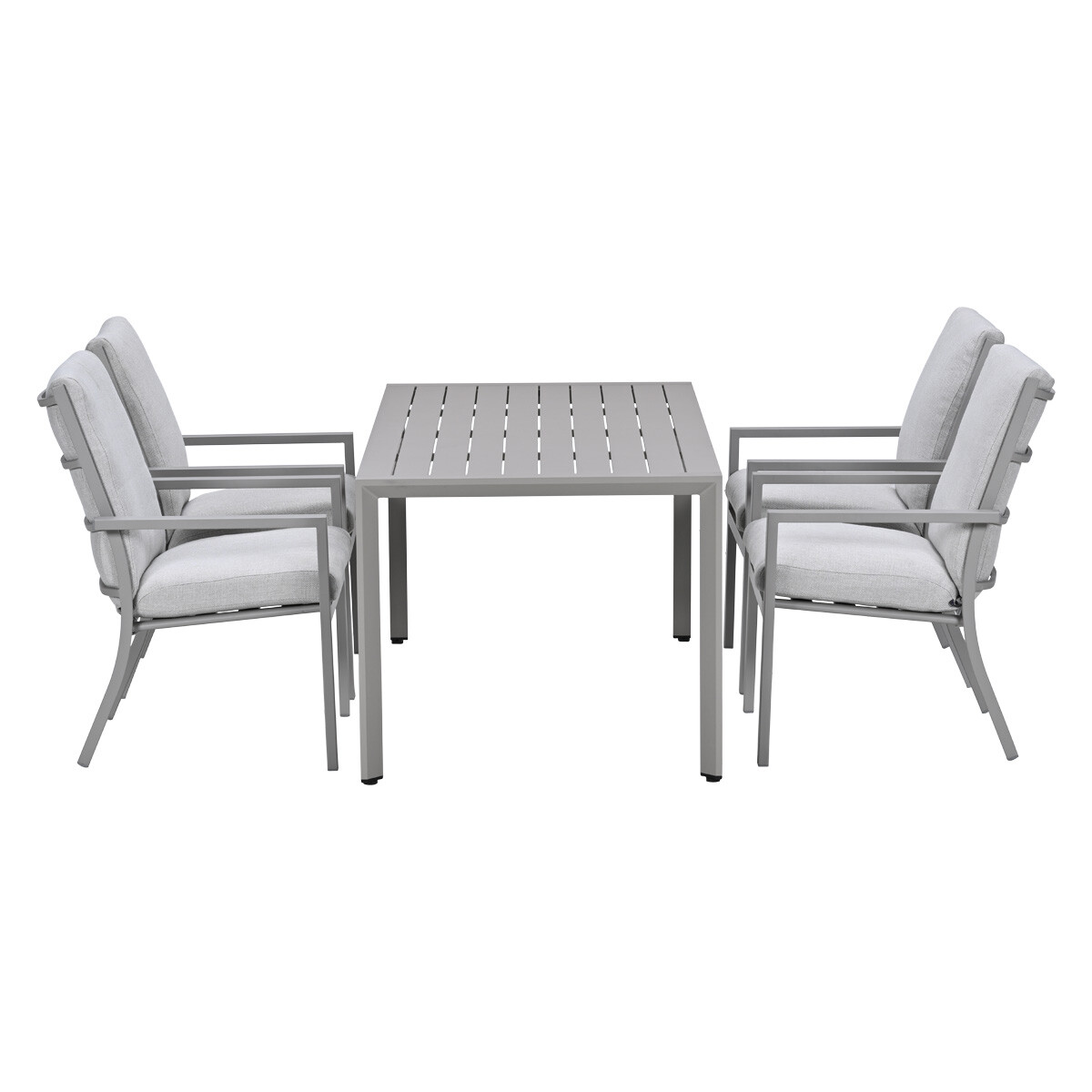 Grijze tafel met vier stoelen met lichtgrijze kussens.