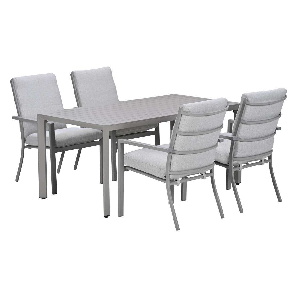 Grijze buitentafelset met vier stoelen.