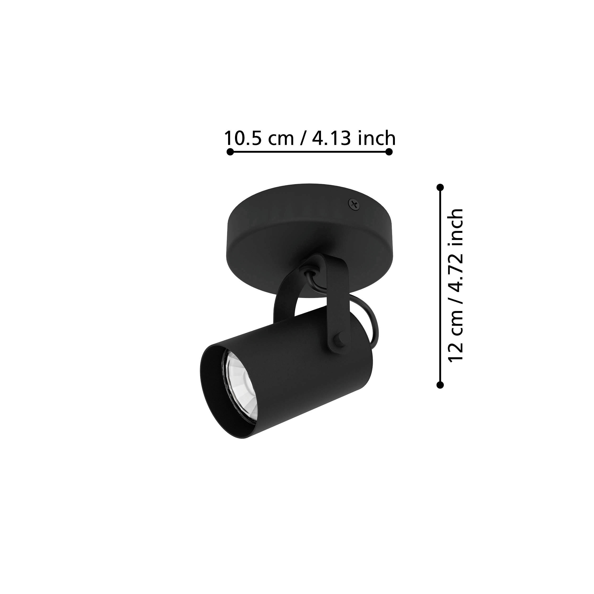 Schwarzer Deckenstrahler mit Größenangaben: 10,5 cm Breite, 12 cm Höhe.