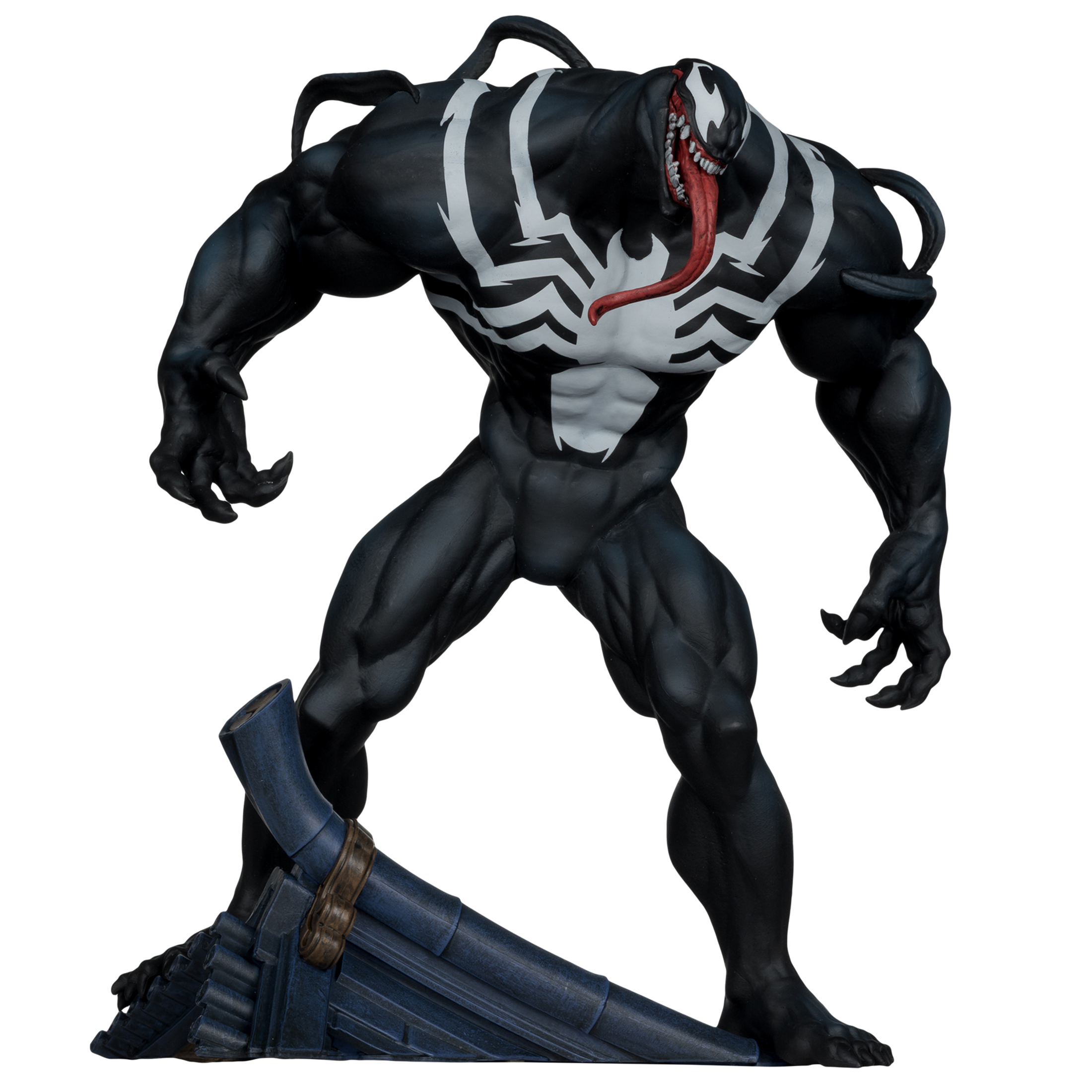 Venom steht auf einer blauen Basis und zeigt seine weiße Spinne auf schwarzem Anzug.