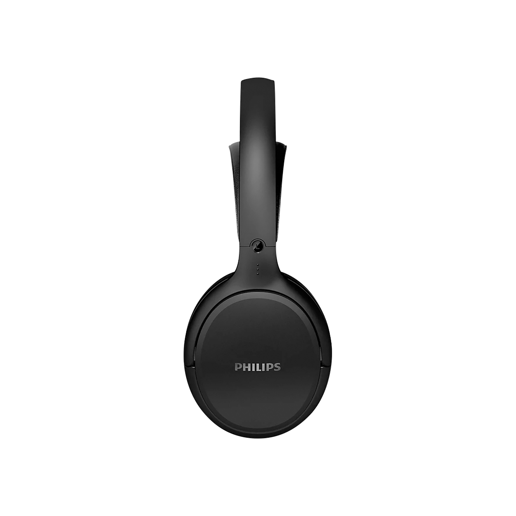 Casque Philips noir avec arceau rembourré, photo de studio sur fond blanc.