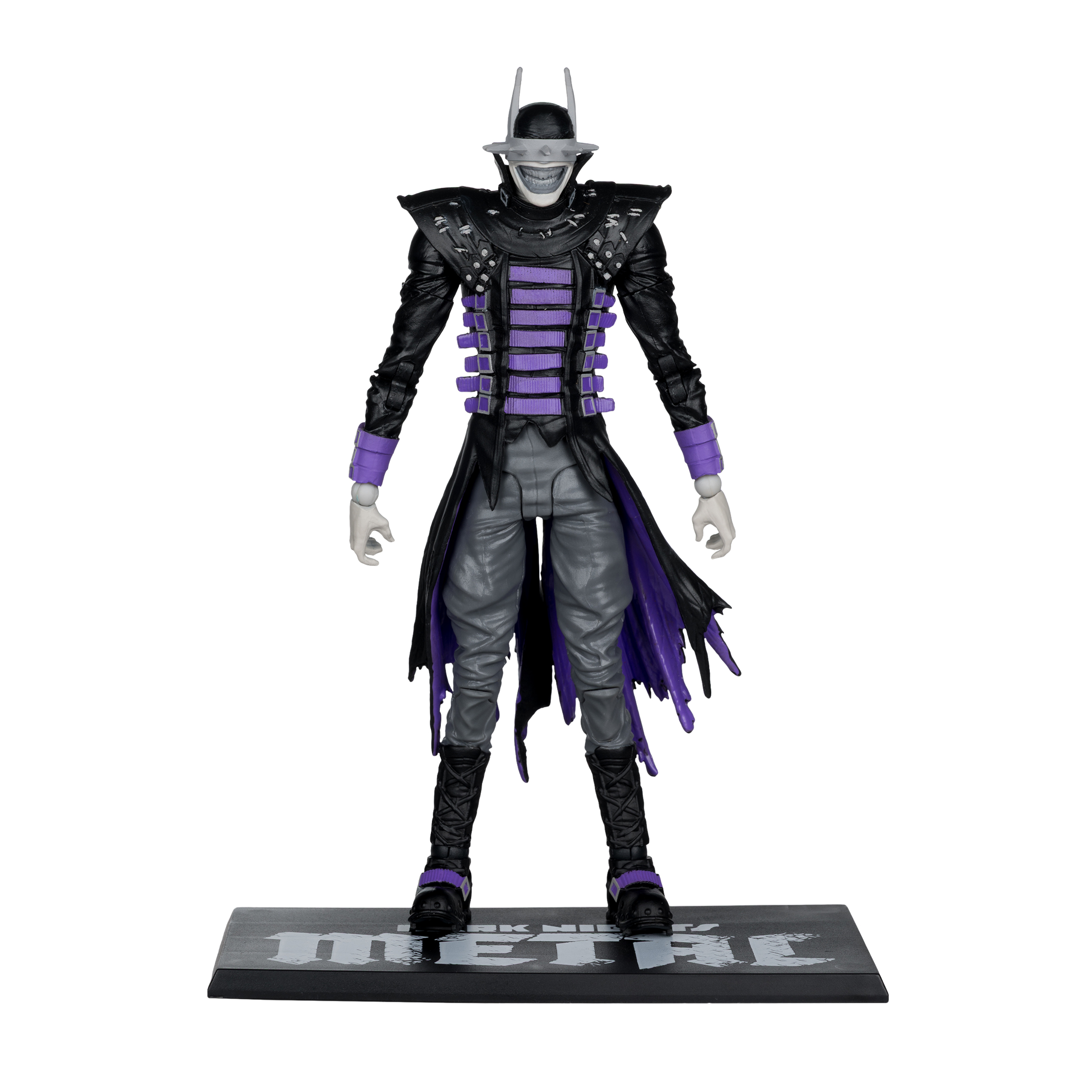 Eine Actionfigur des "The Batman Who Laughs" auf einem schwarzen Display-Sockel.