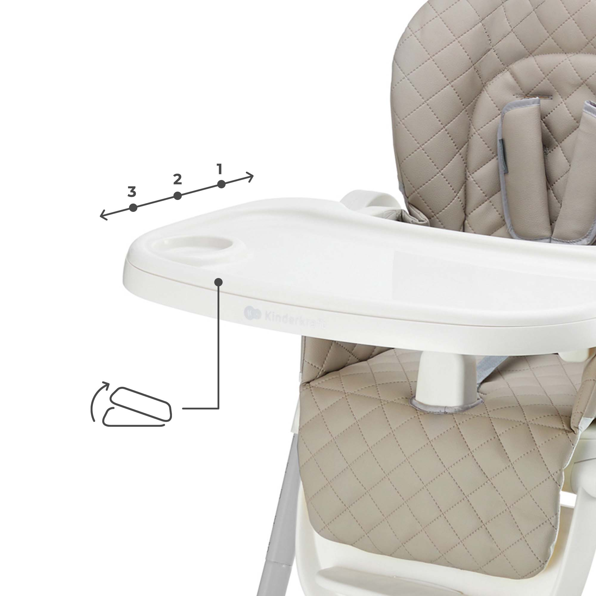 Beiger Kinderhochstuhl mit abnehmbarem Tablett und Sicherheitsgurt.
