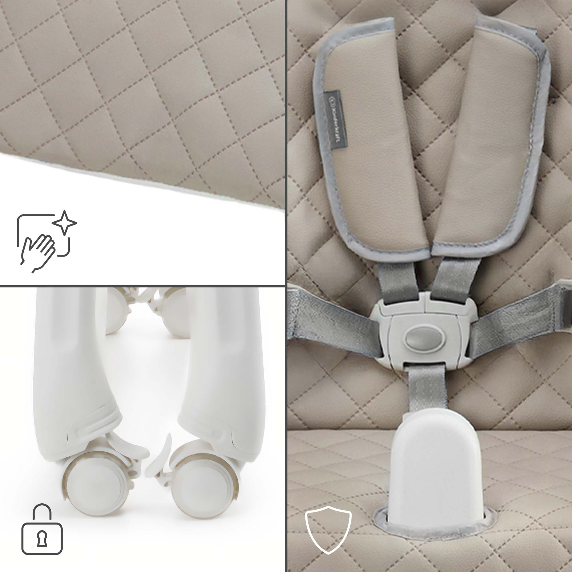 Beige gesteppte Polsterung mit Gurten, Rädern und Symbolen für Sicherheit.