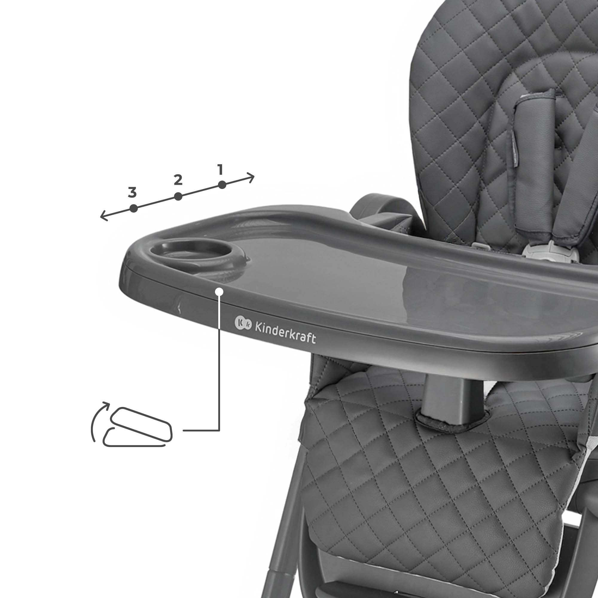 Grauer Kinderhochstuhl mit abnehmbarem Tablett und Getränkehalter.