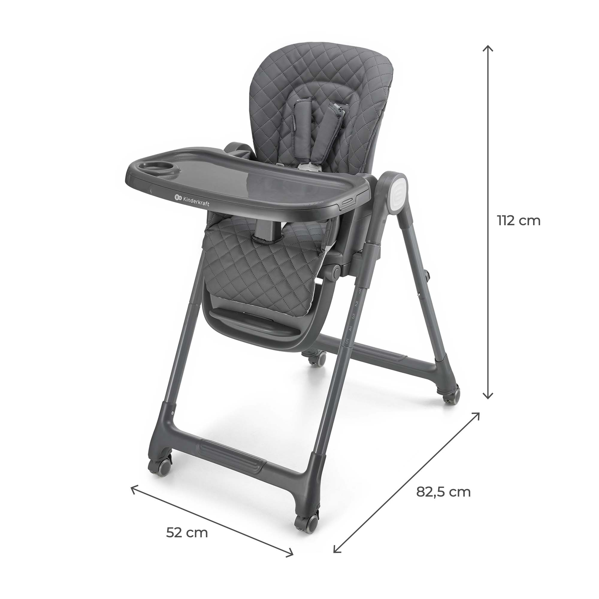 Grauer Kinderhochstuhl mit abnehmbarem Tablett und Sicherheitsgurt.