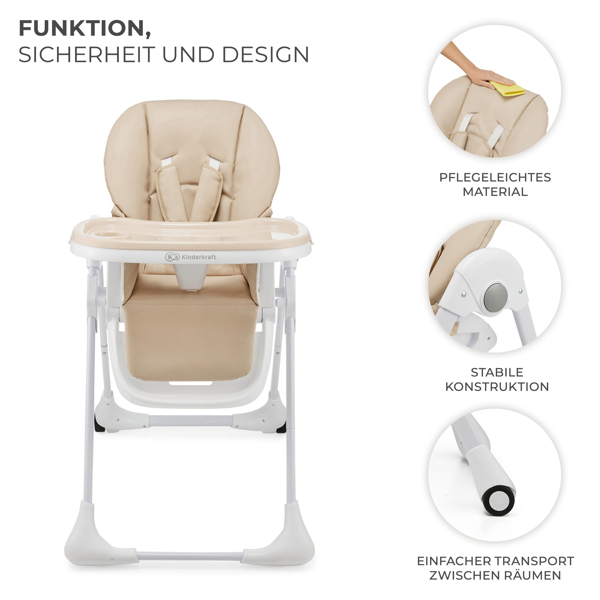 Beige Kinderhochstuhl mit abnehmbarem Tablett und Sicherheitsgurt.