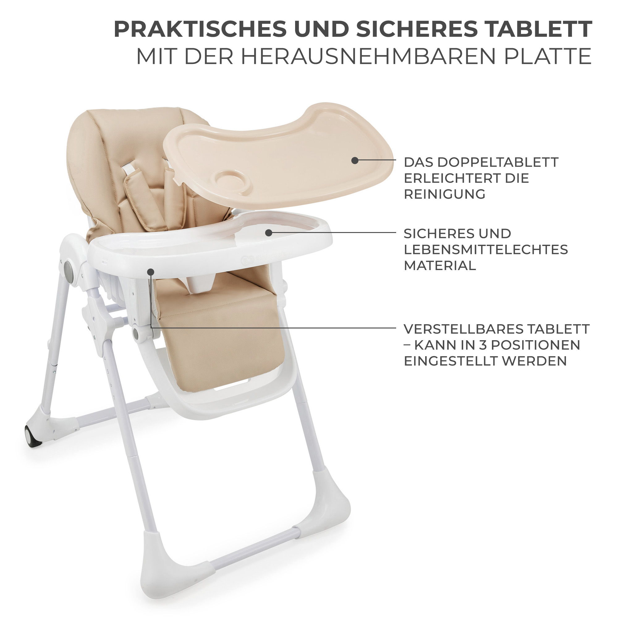 Ein beiger Hochstuhl mit weißem Gestell und abnehmbarem Tablett.