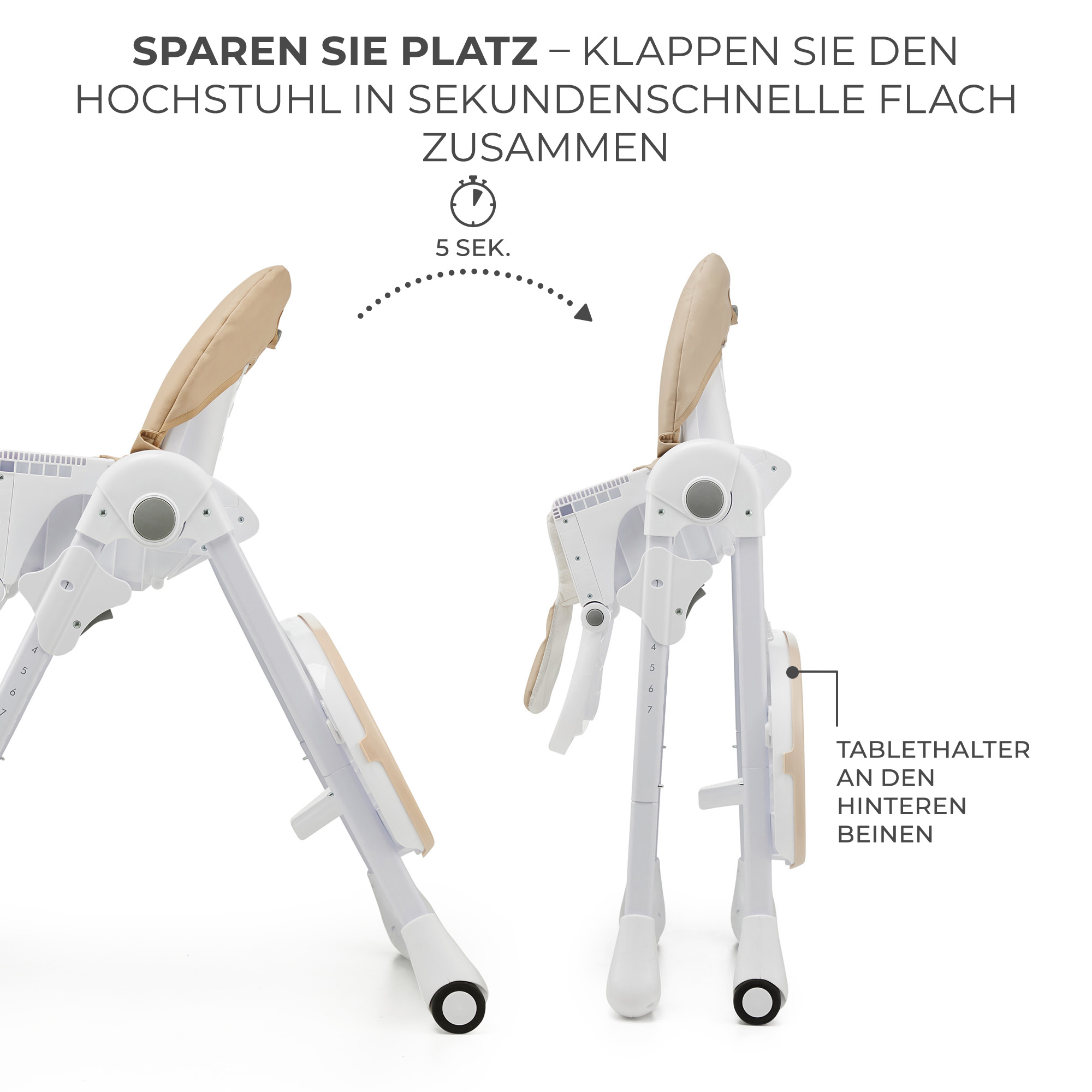 Ein weißer Hochstuhl in zwei Positionen: offen und zusammengeklappt.