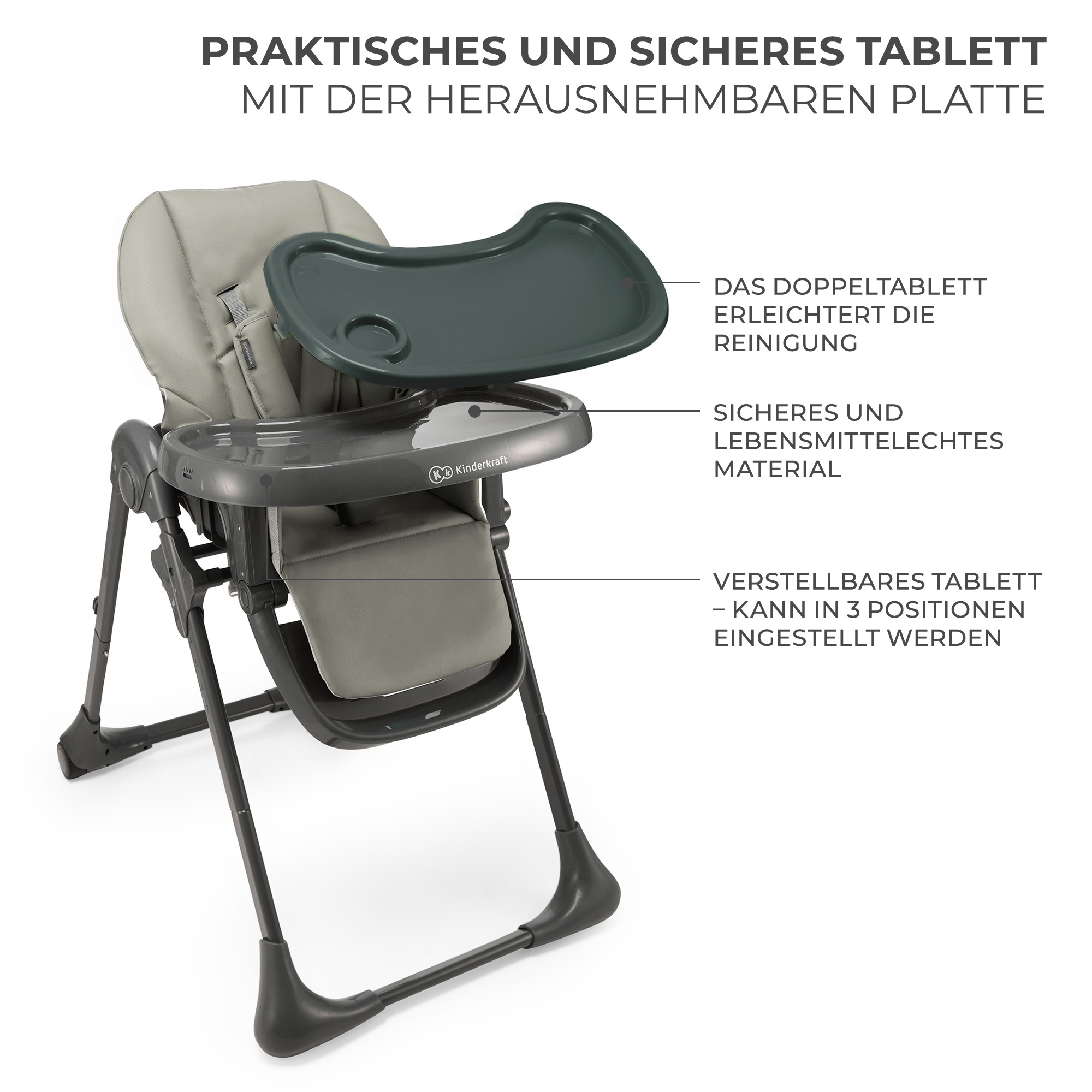 Grauer Kinderhochstuhl mit abnehmbarem Tablett und gepolsterter Sitzfläche.
