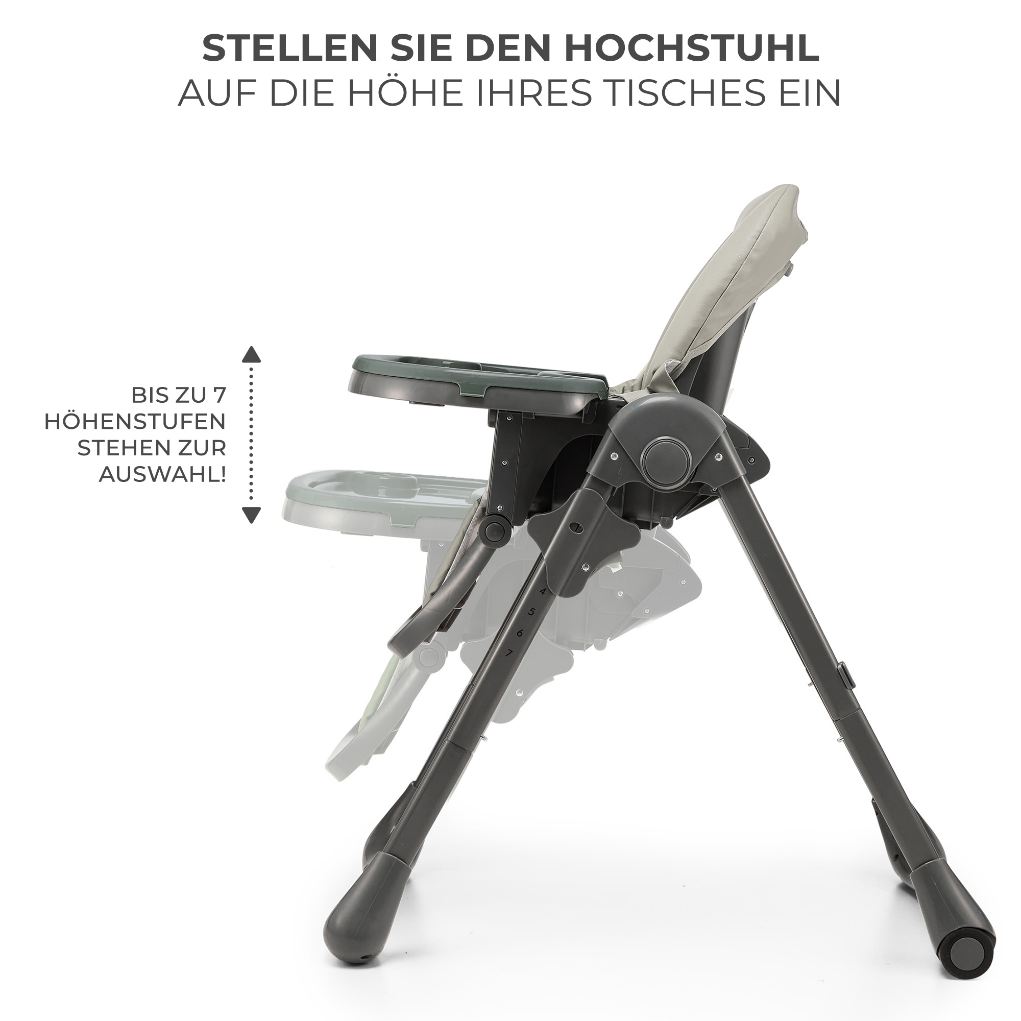 Ein grauer Hochstuhl mit verstellbarer Sitzhöhe und abnehmbarem Tablett.