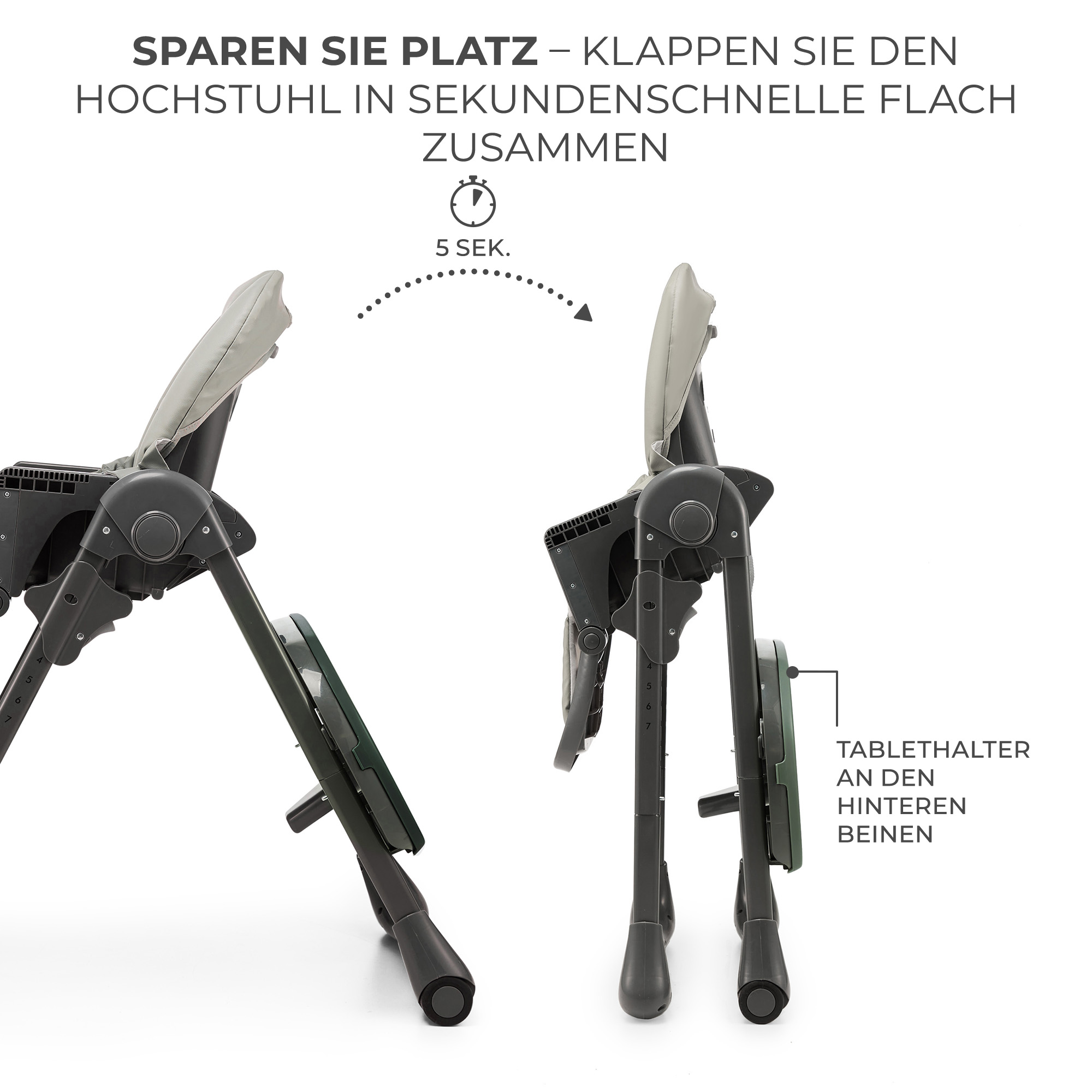 Ein Hochstuhl wird zusammengeklappt. Der Tablethalter ist an den Hinterbeinen.