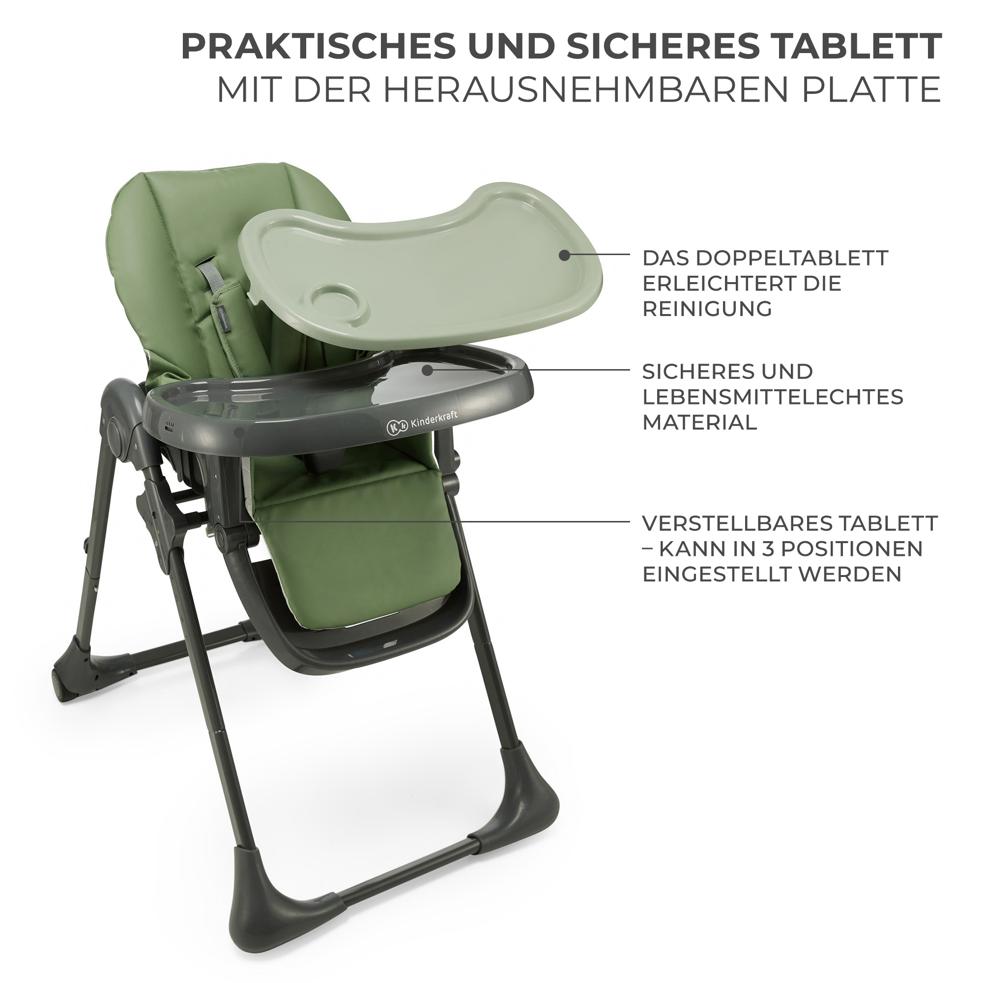 Ein grüner Kinderhochstuhl mit abnehmbarem Tablett und Verstelloptionen.