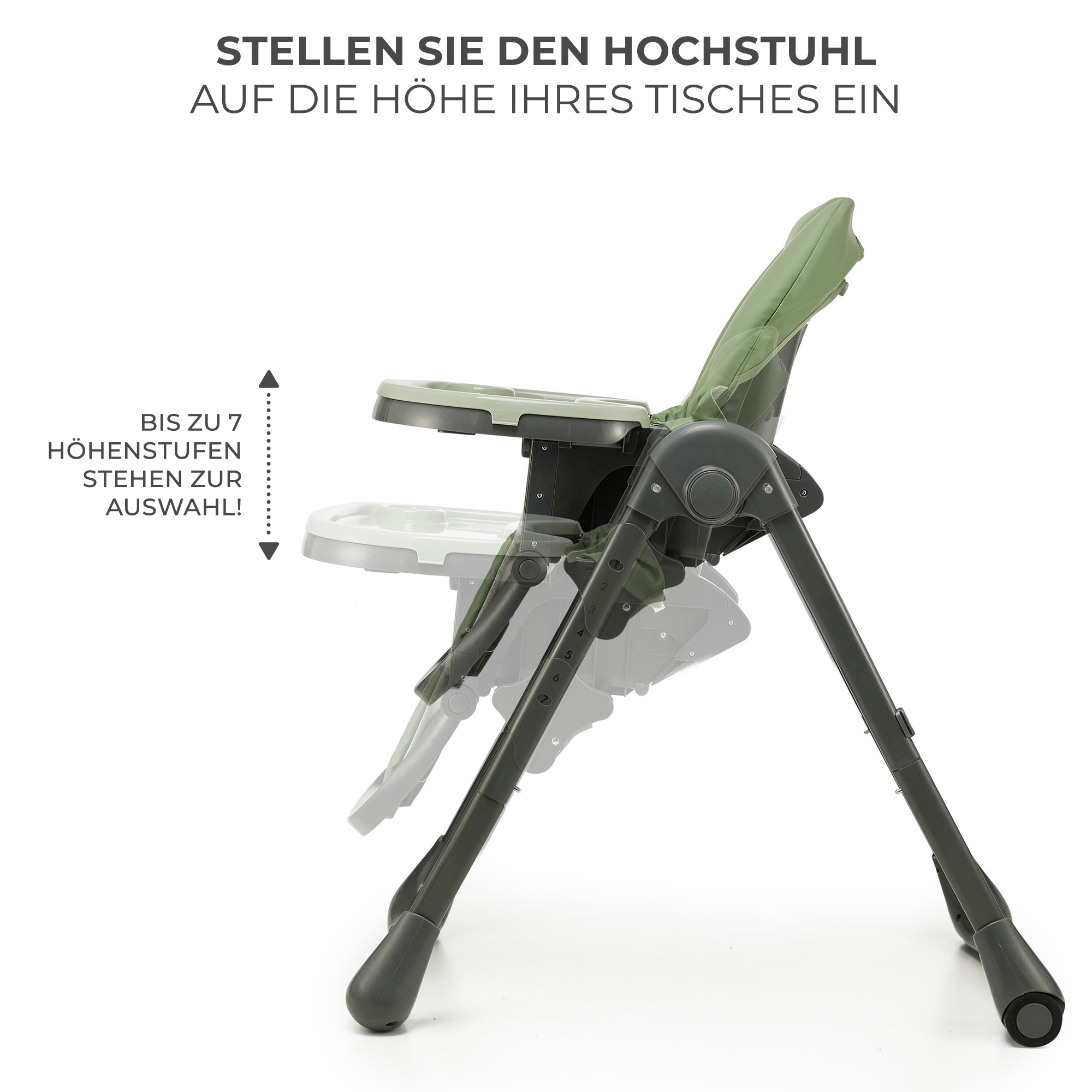Ein grüner Hochstuhl mit verstellbarer Höhe und Tablett, auf weißem Hintergrund.