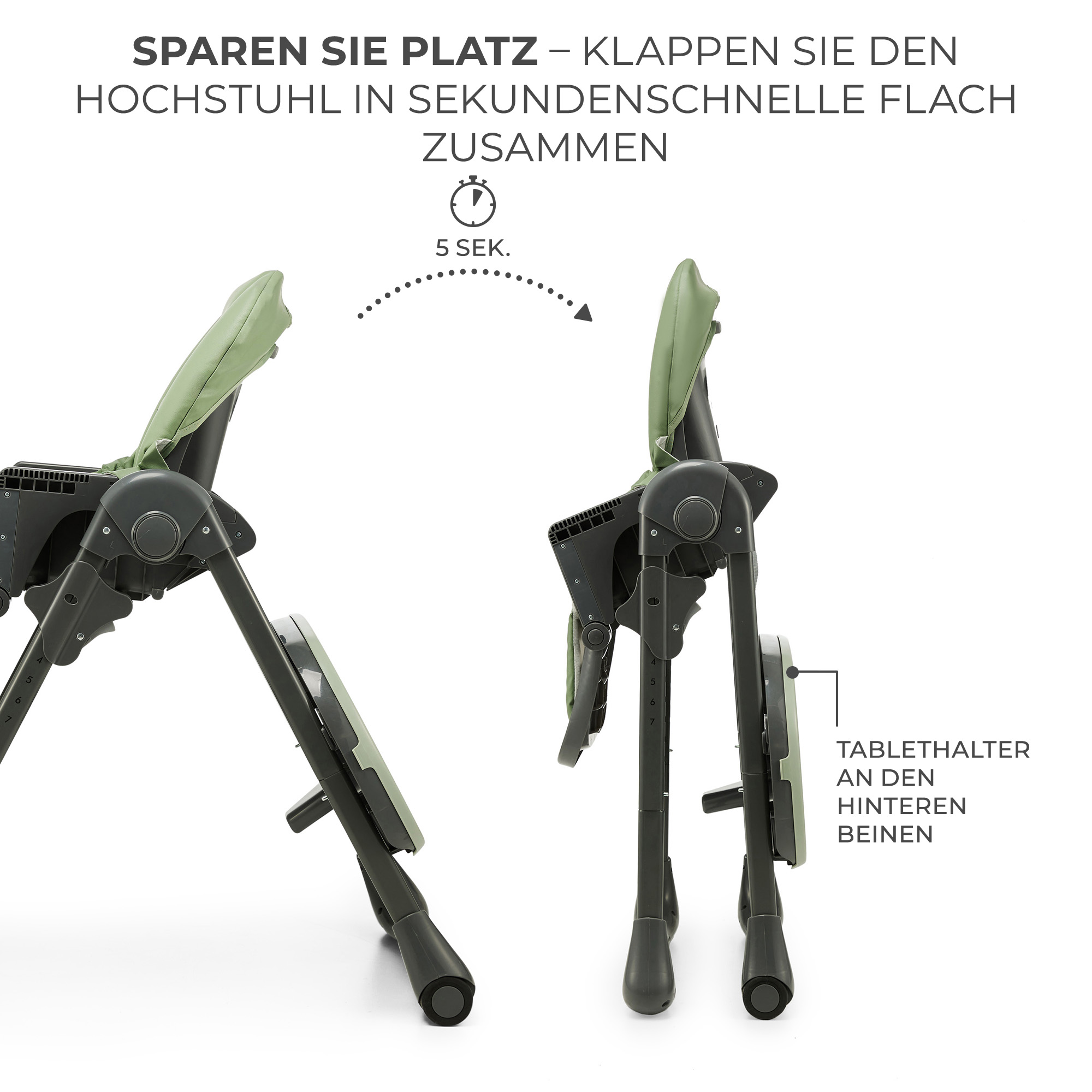Ein Hochstuhl wird zusammengeklappt. Ein ausgeklappter und ein zusammengeklappter Zustand.