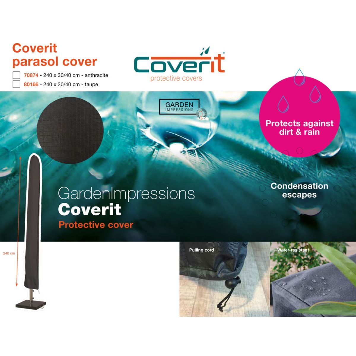 Anthracite parasol cover, 240 cm tall, protects against dirt and rain.
