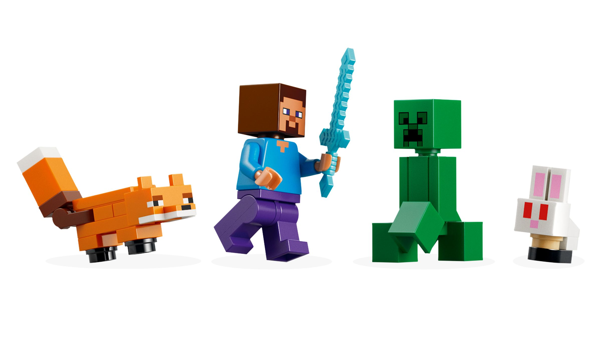 Lis, Steve z mieczem, Creeper i królik Lego.