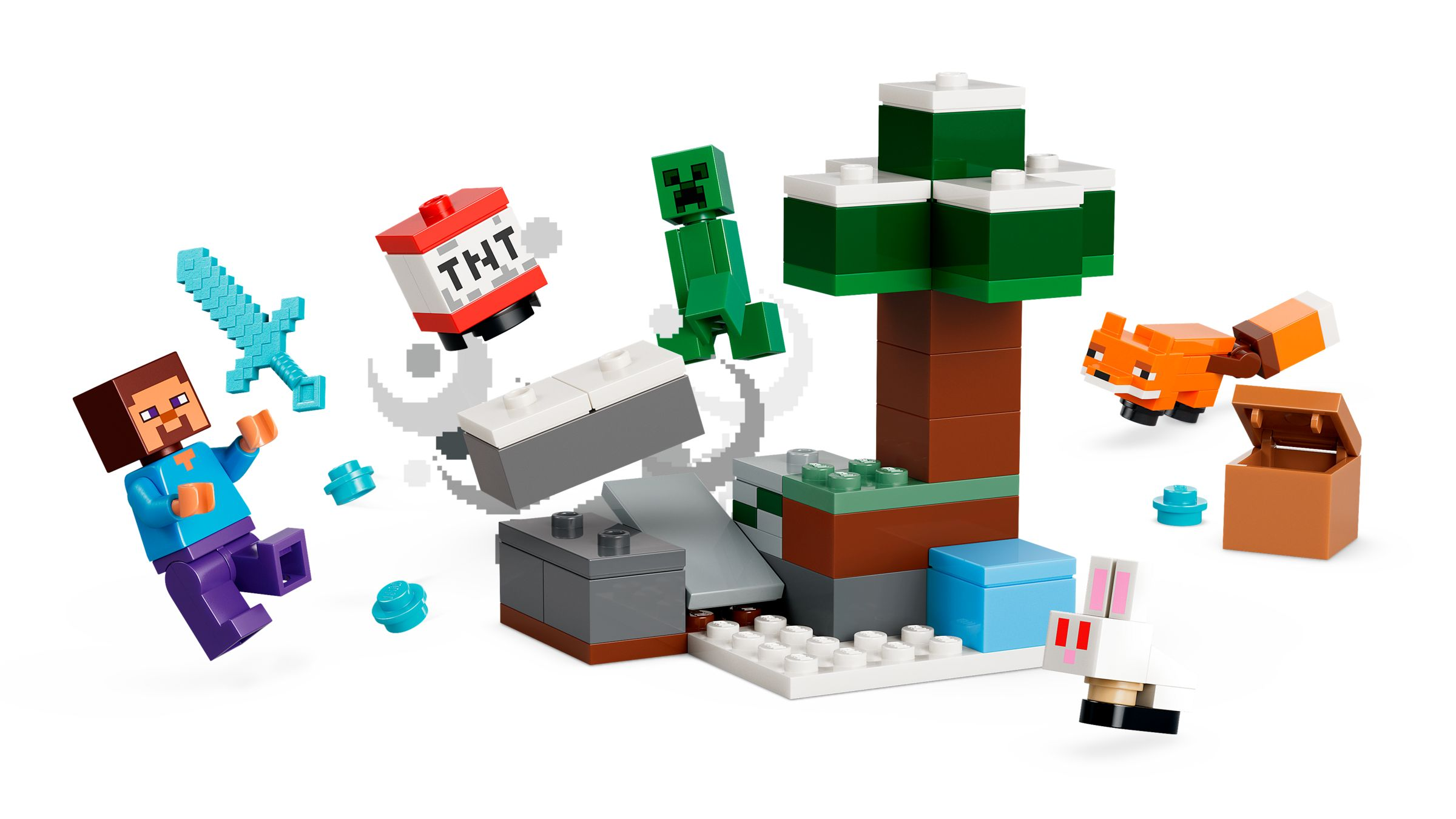 Steve, Creeper, lis, królik, TNT, drzewo, skrzynia i bloki z Minecraft.