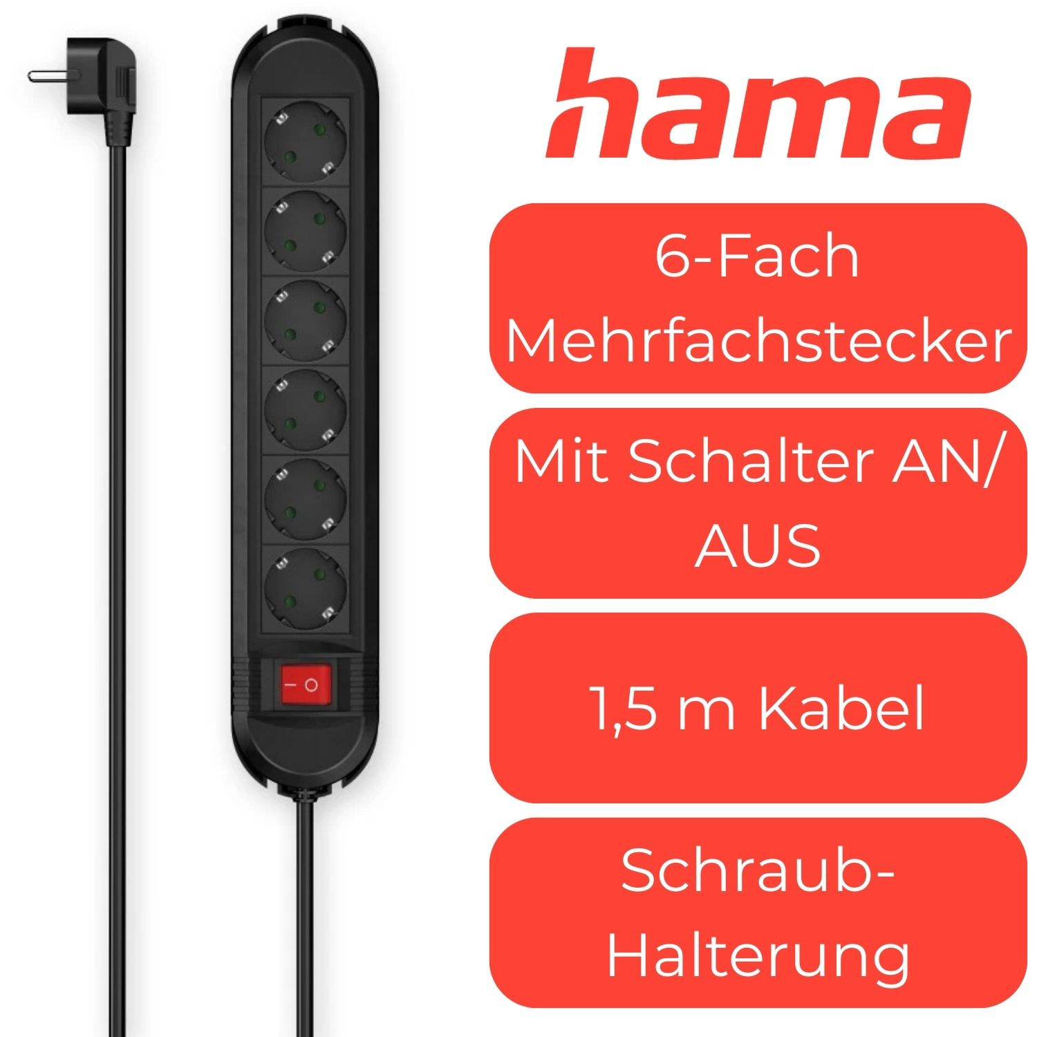 Czarna listwa zasilająca 6 gniazd z przełącznikiem, kabel 1,5m, montaż.