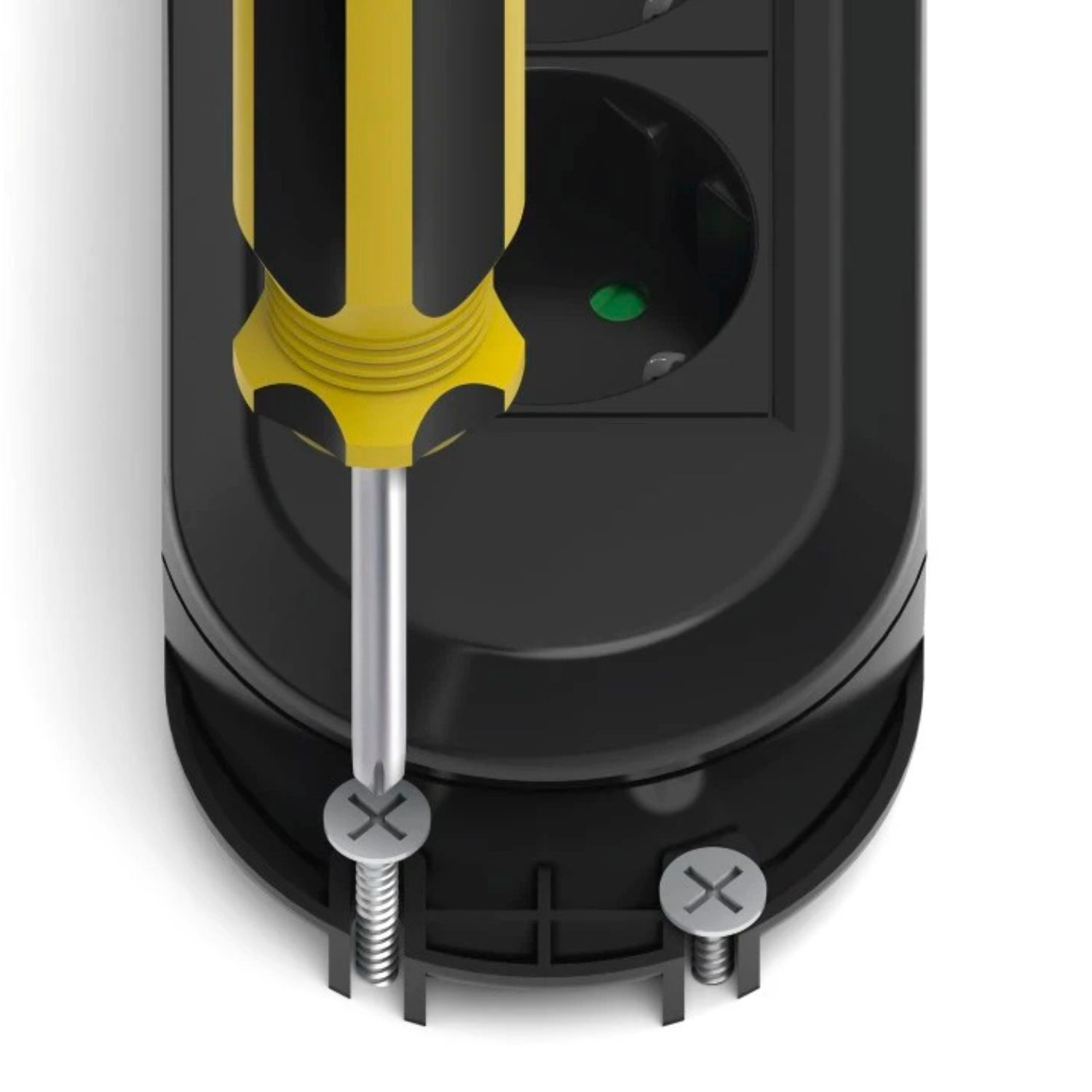 Śrubokręt z żółto-czarnym uchwytem dokręca gniazdko elektryczne.