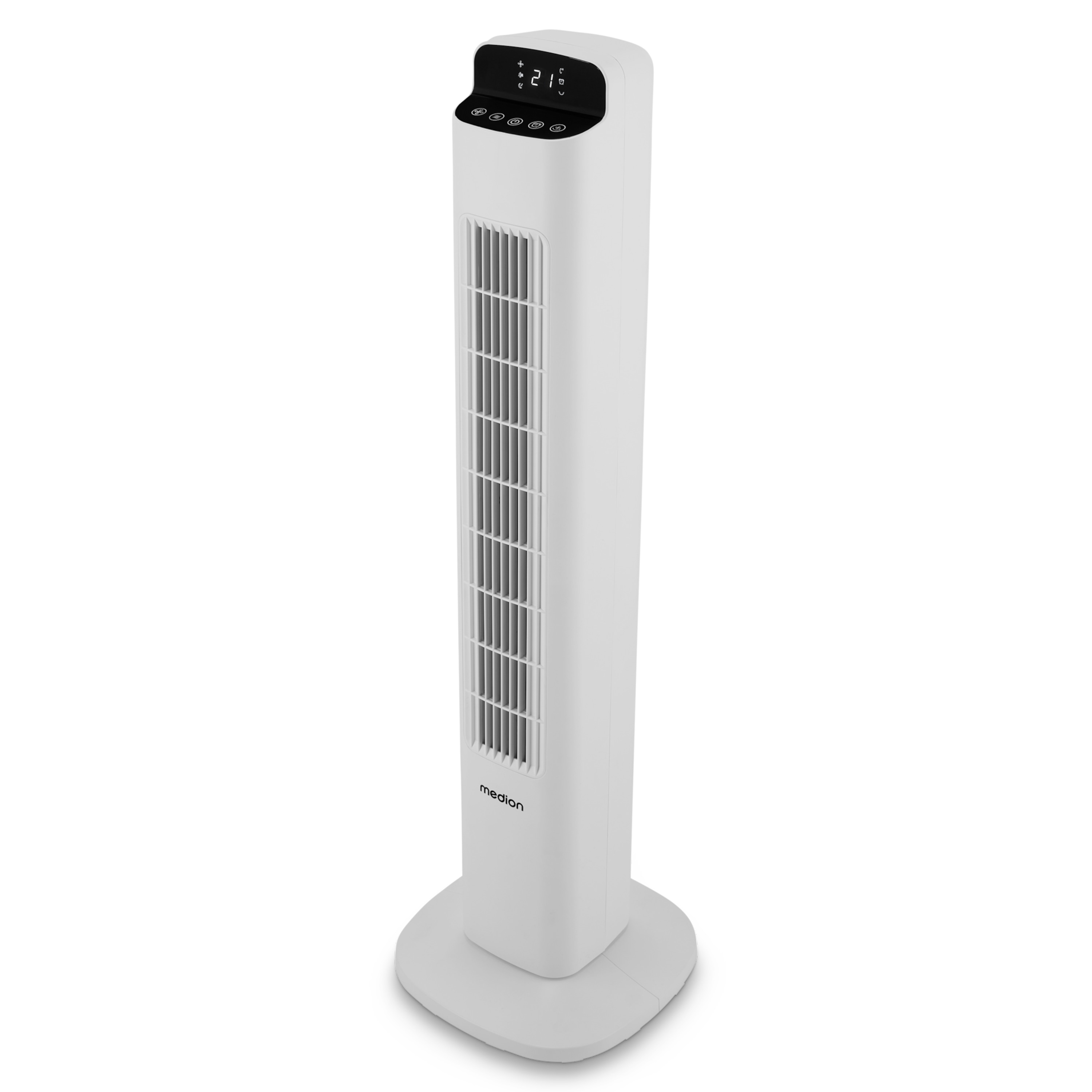 Ein weißer Turmventilator mit digitaler Anzeige und Bedienelementen.