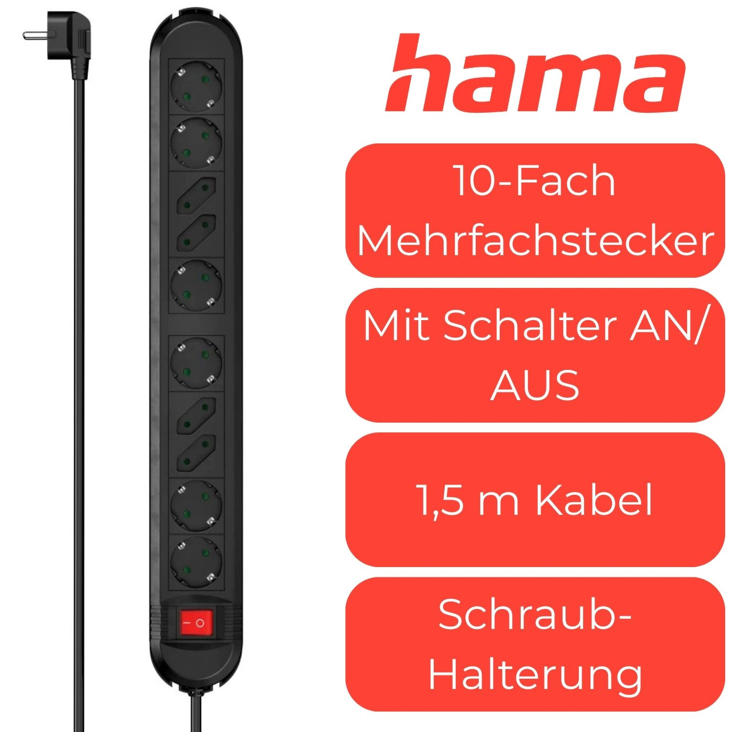Schwarzer 10-fach Mehrfachstecker mit Schalter, 1,5m Kabel und Schraubhalterung.