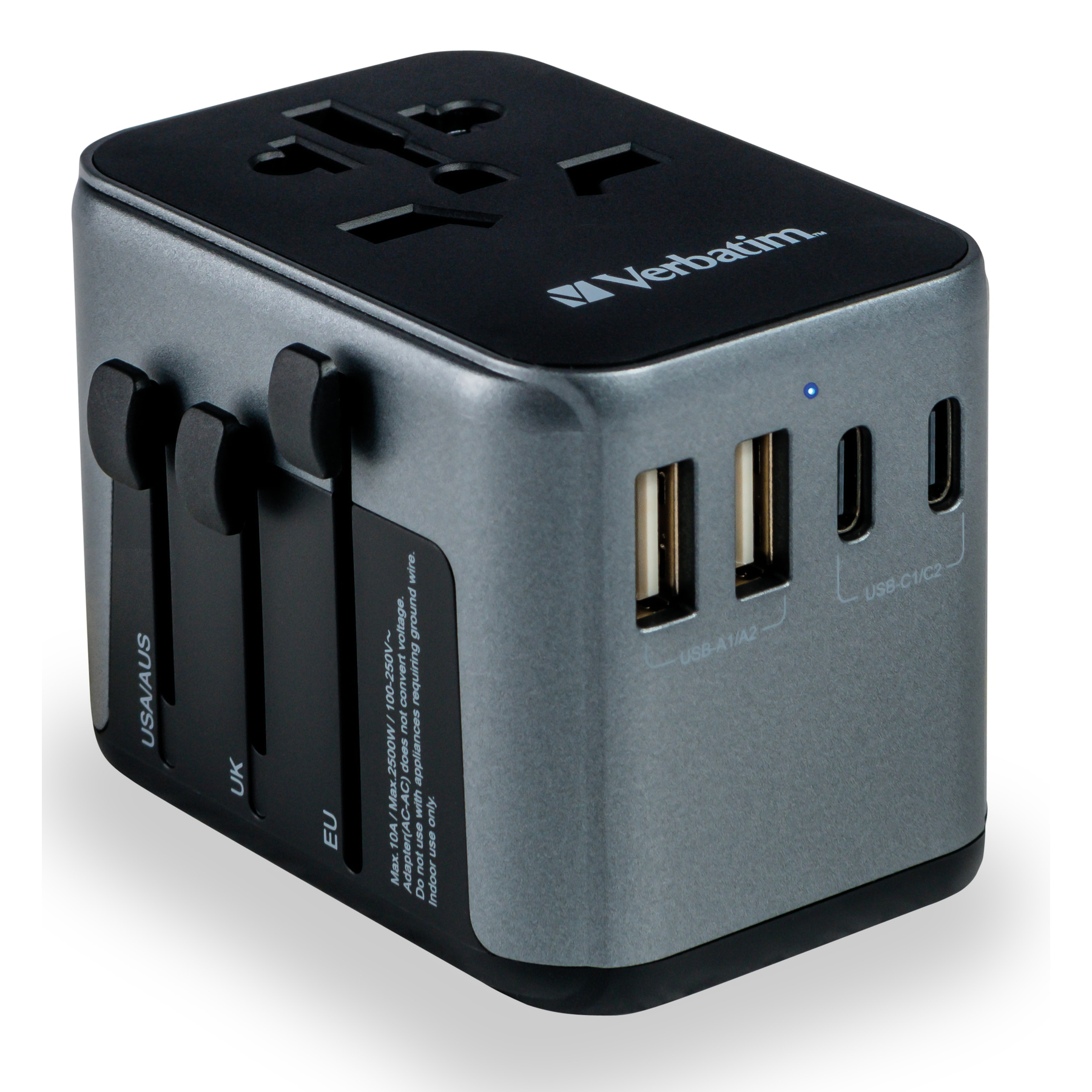 Un adattatore da viaggio Verbatim grigio con porte USB e spine retrattili.