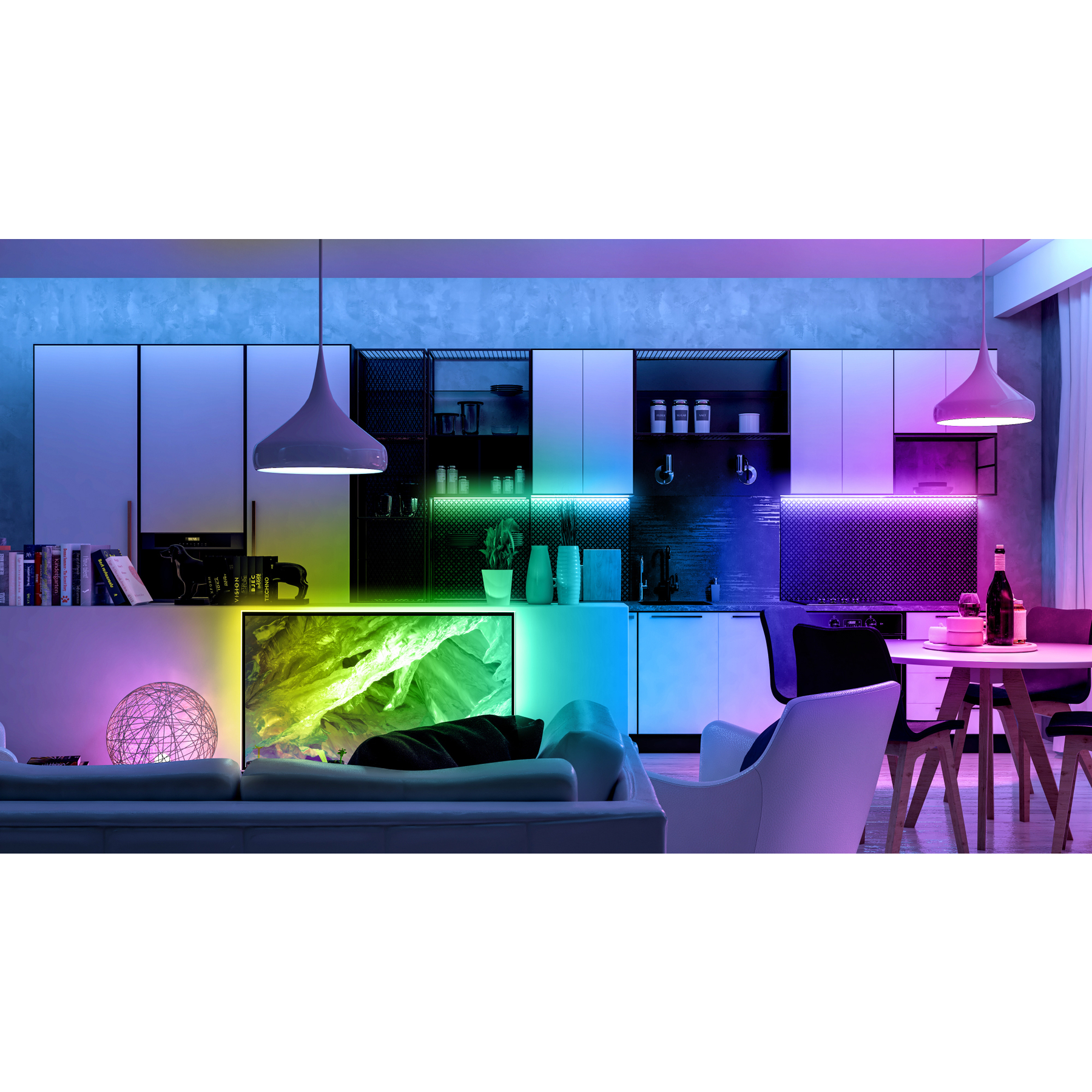 Modern kitchen and living area, illuminated by colorful LED lights.