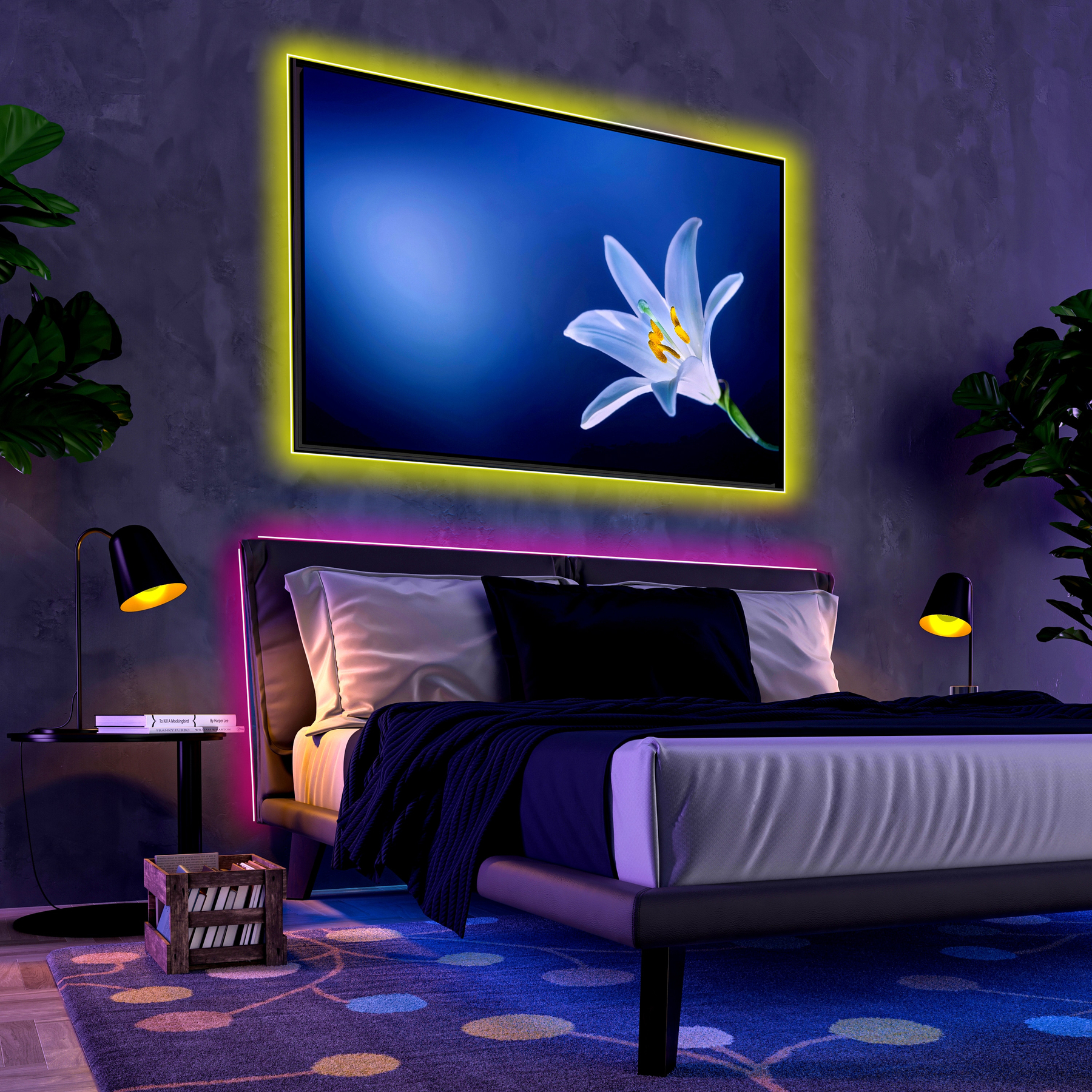 A bed with a picture of a white lily, lit by yellow and pink LEDs.