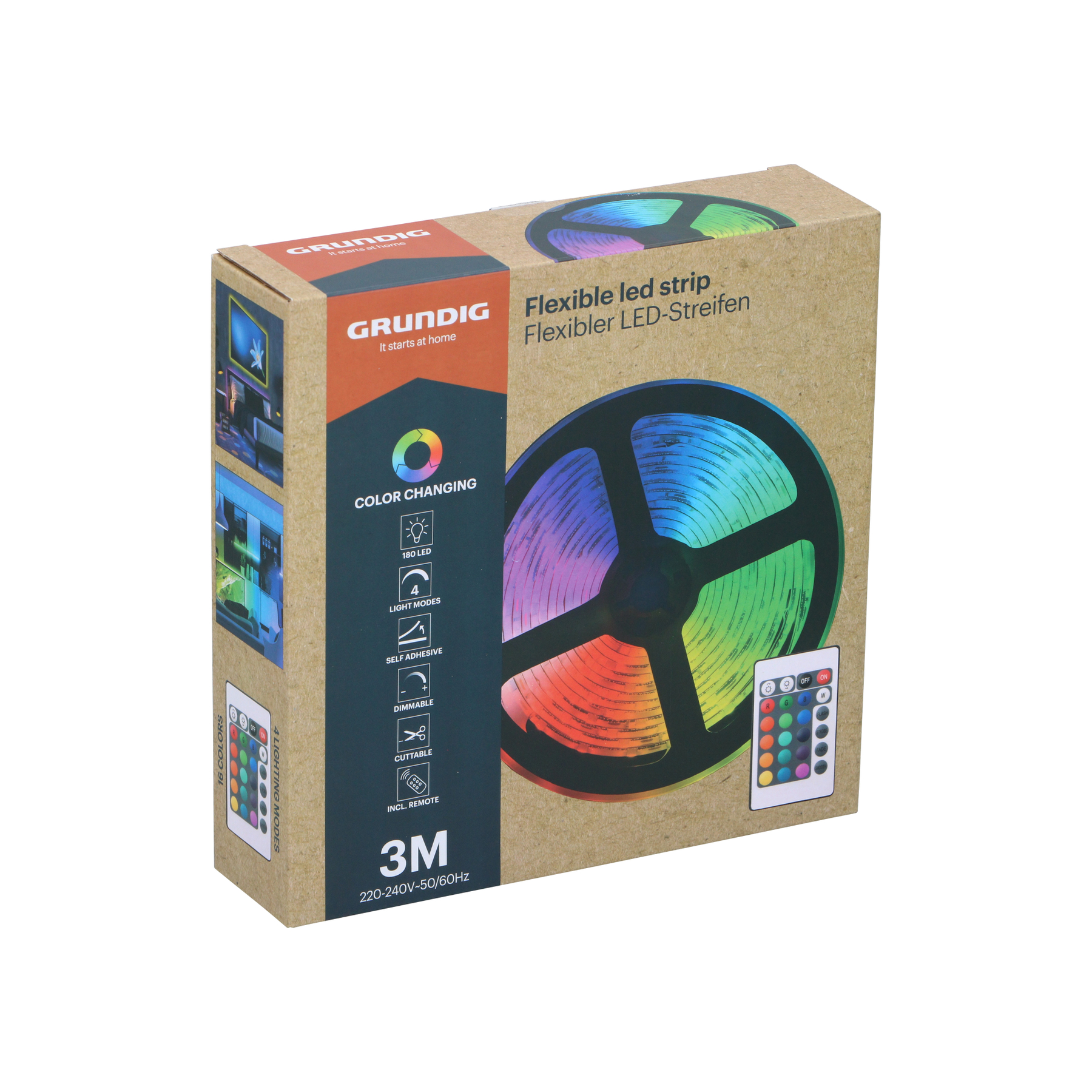 Box for a 3m flexible LED strip with remote control, showing colors.