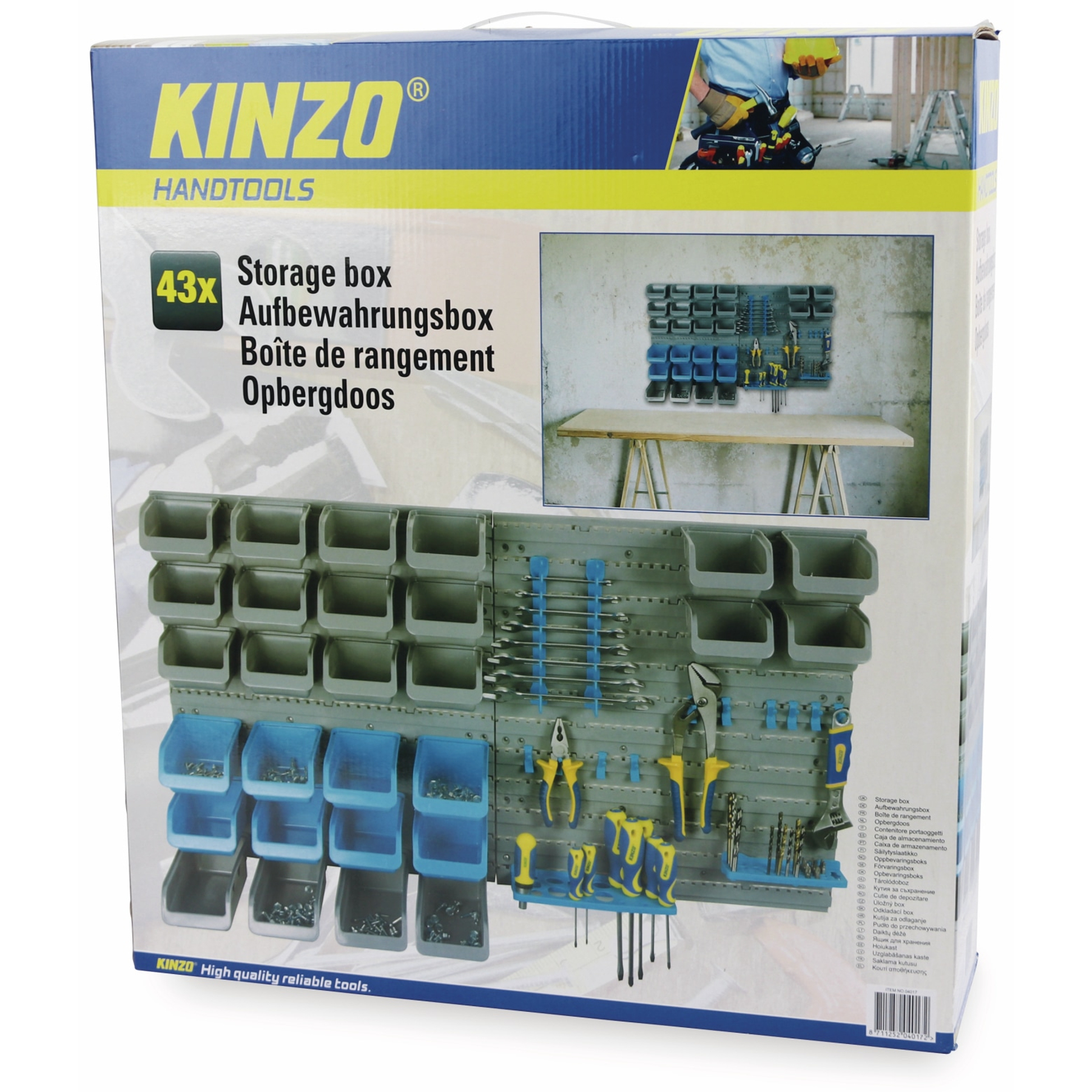 Verpackung für Kinzo Aufbewahrungsboxen mit Werkzeugen und Behältern.