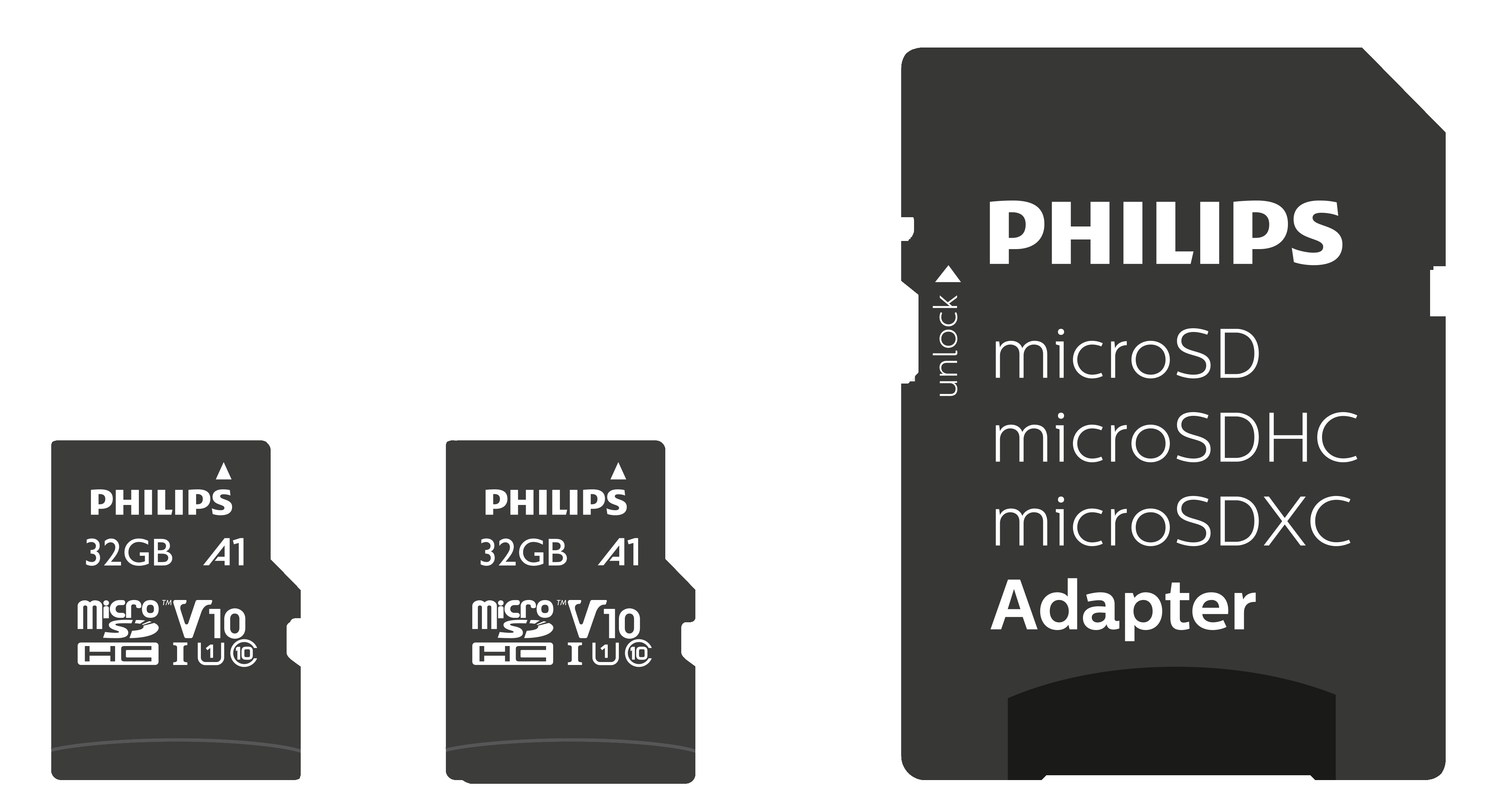 Drei Philips microSD-Karten und ein Adapter auf dunklem Hintergrund.