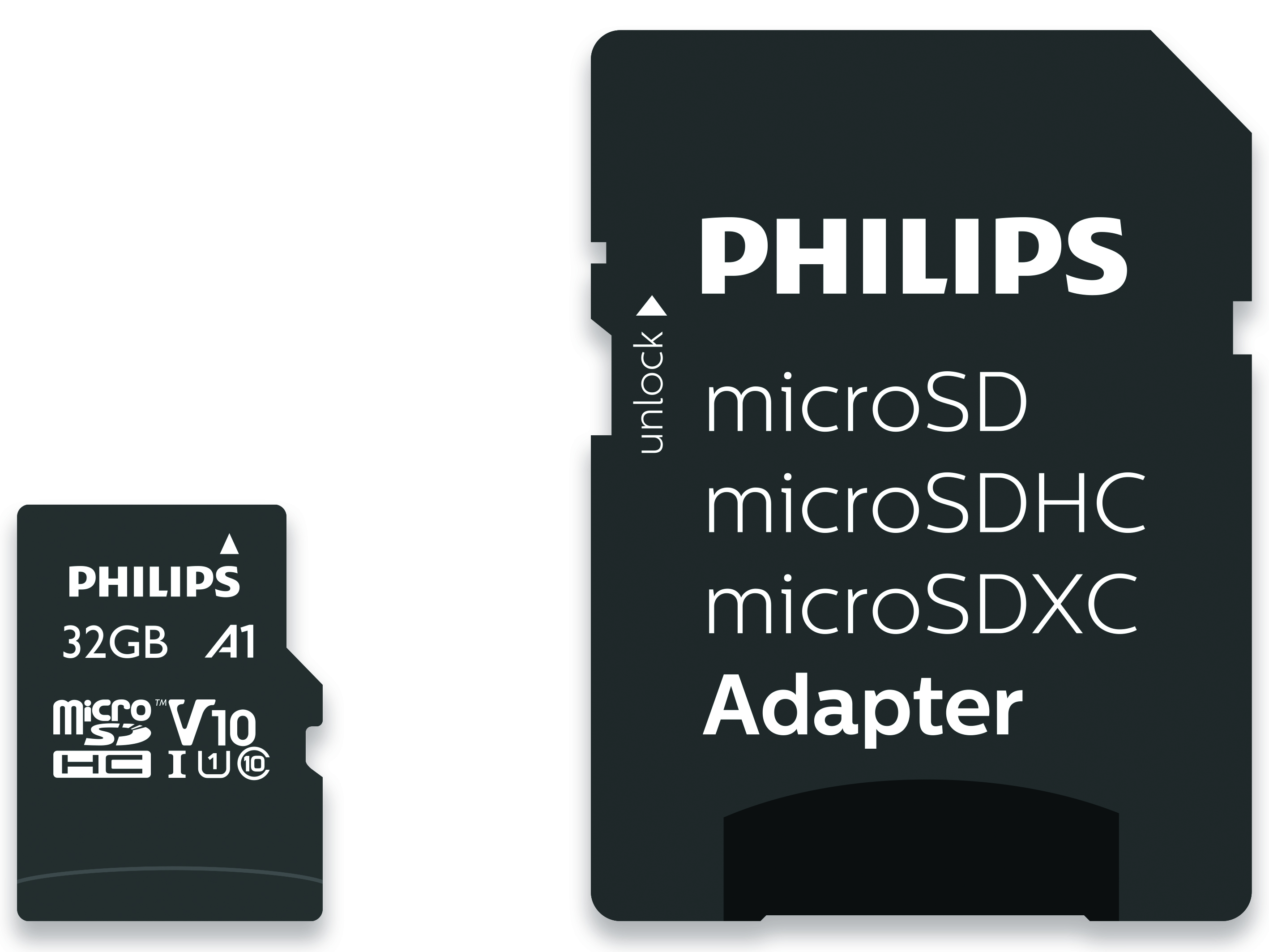 Zwei Philips MicroSD-Kartenadapter, einer klein, einer groß, auf weißem Hintergrund.