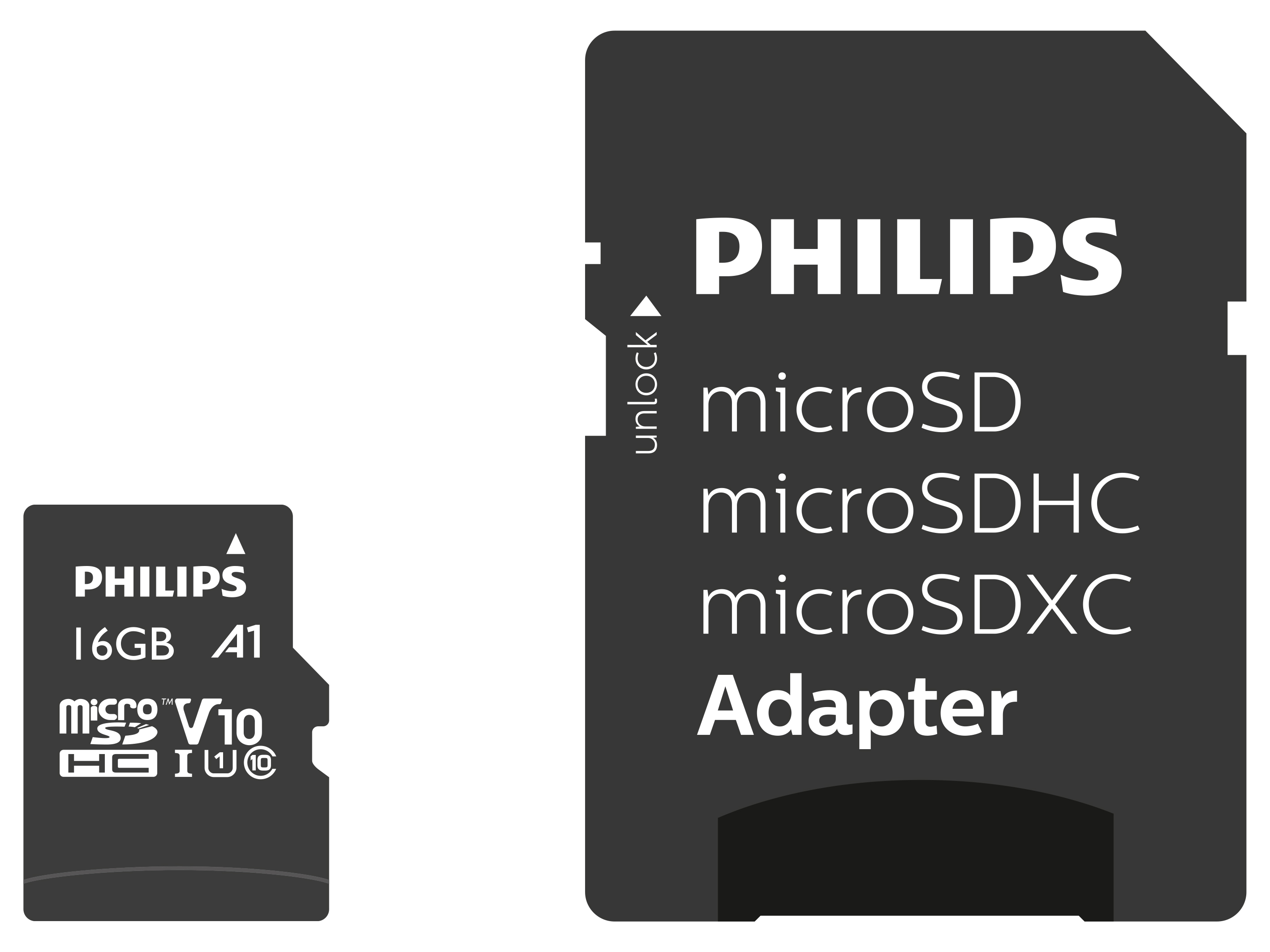 Zwei Philips MicroSD-Speicherkartenadapter und eine 16GB A1 Karte auf weißem Hintergrund.