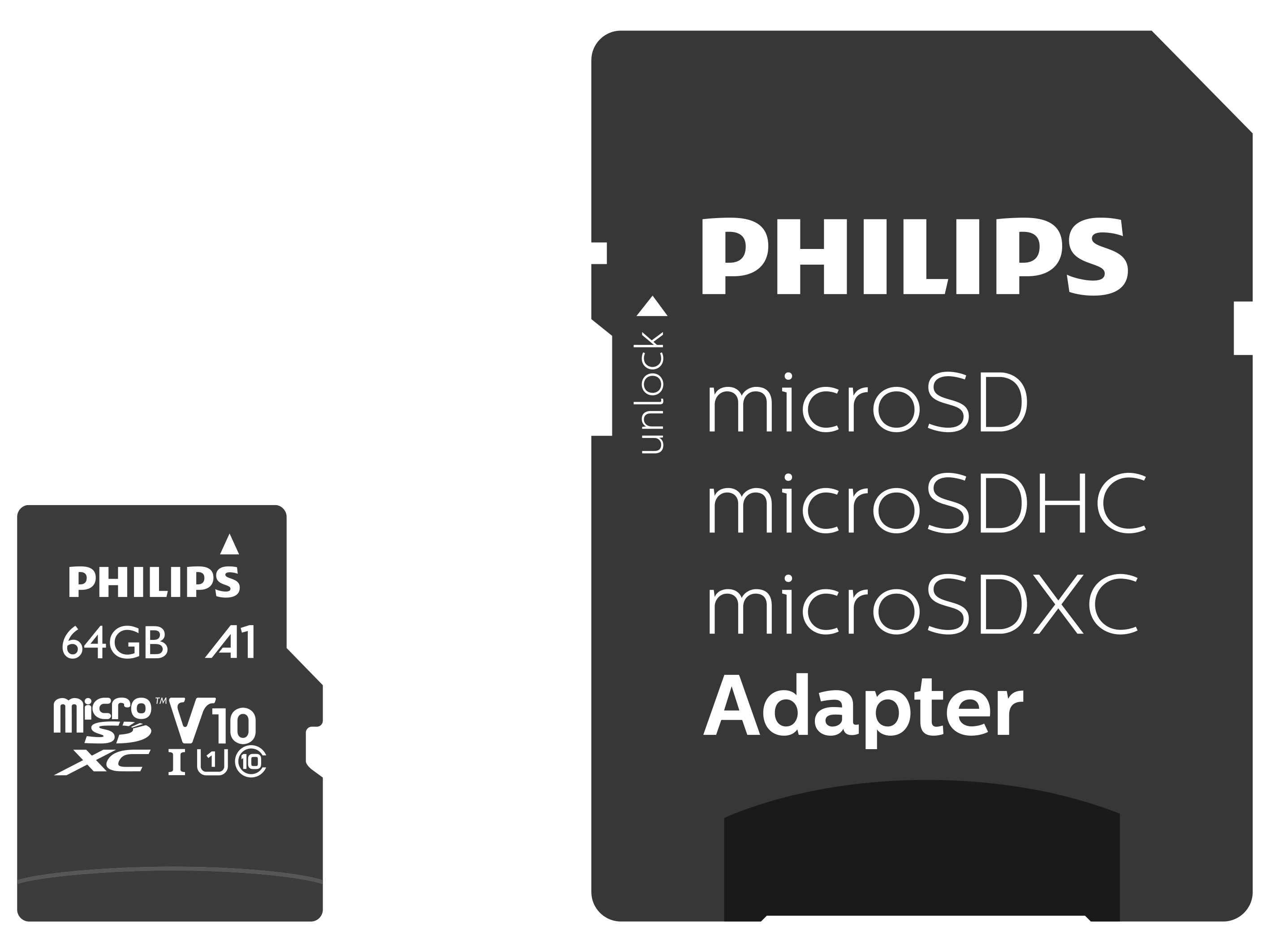 Zwei Philips MicroSD-Speicherkarten, eine 64 GB A1 und ein Adapter.