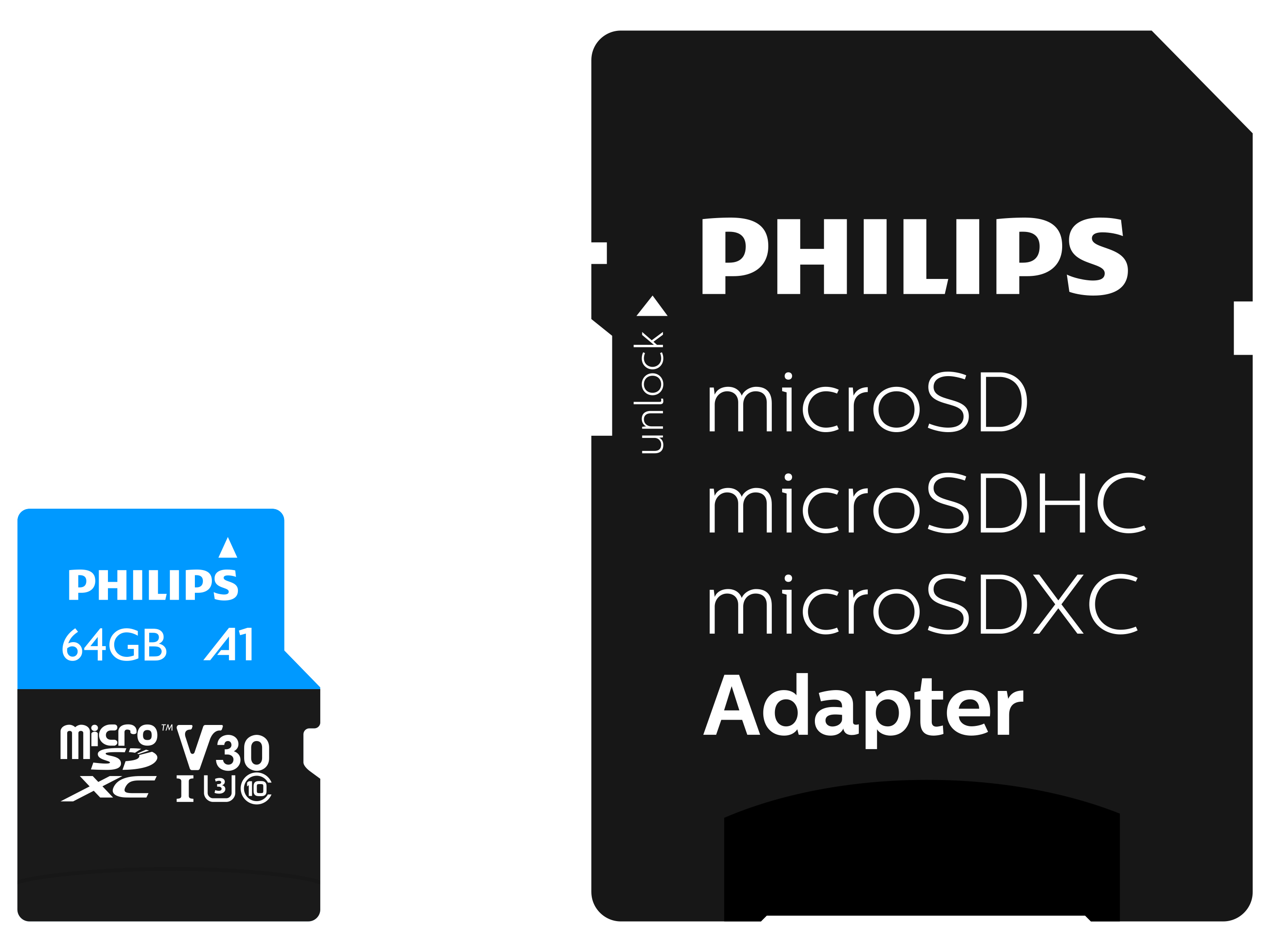 Twee Philips microSD-kaarten: een blauwe 64GB A1 en een zwarte adapterkaart.