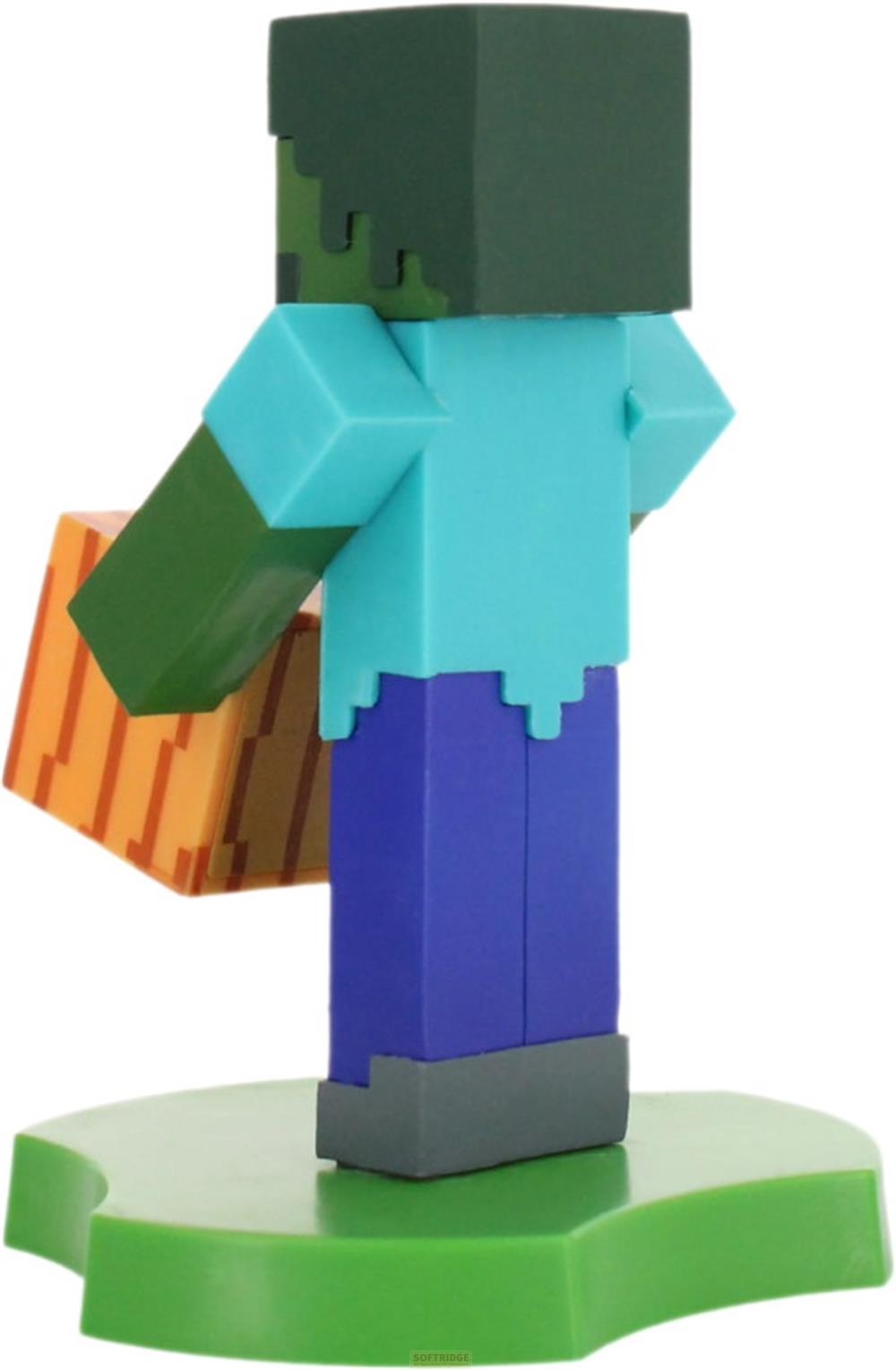 Ein Minecraft-Zombie-Figur mit grünem Kopf und grünen Armen, blauem Hemd und lila Hose.