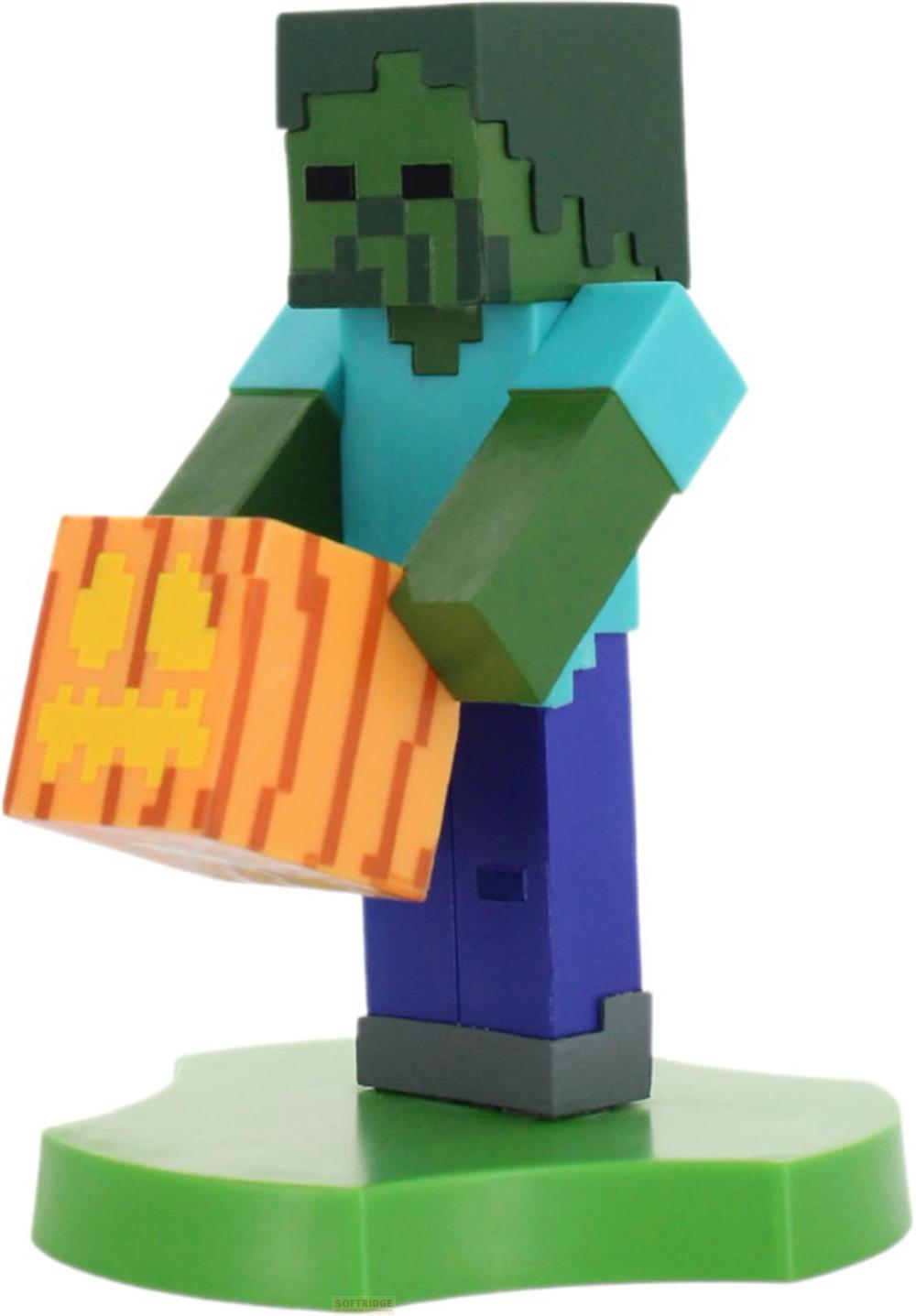 Ein Minecraft-Zombie mit einem Kürbis auf einem grünen Sockel.