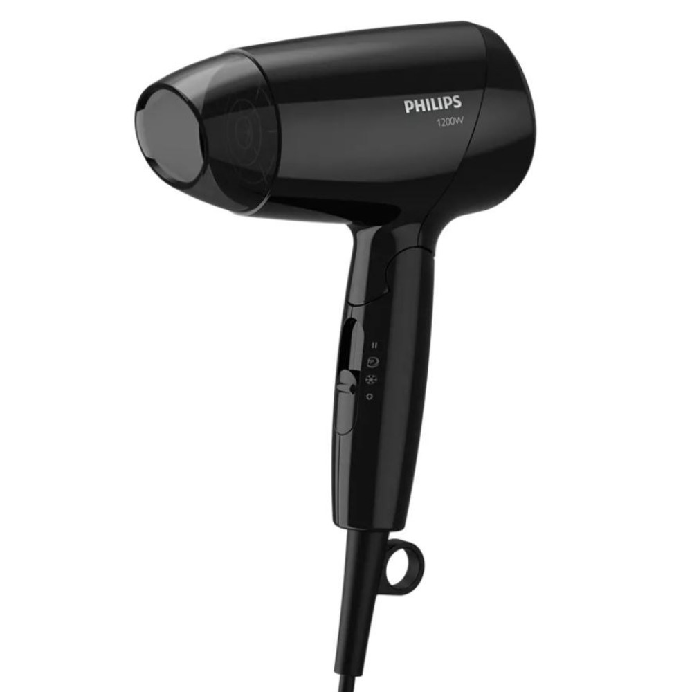 Czarna suszarka do włosów Philips 1200W z uchwytem i kablem.