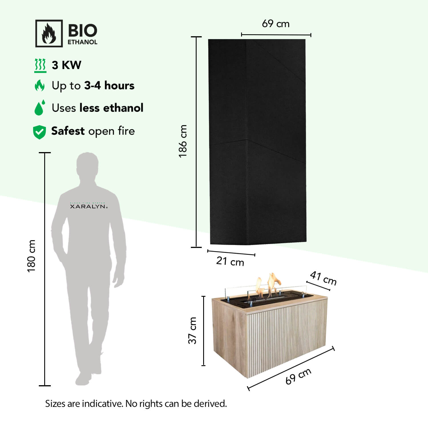 Bio-ethanol haard specificaties: 3 KW, 3-4 uur, verbruikt minder, veiligst. Afmetingen getoond.