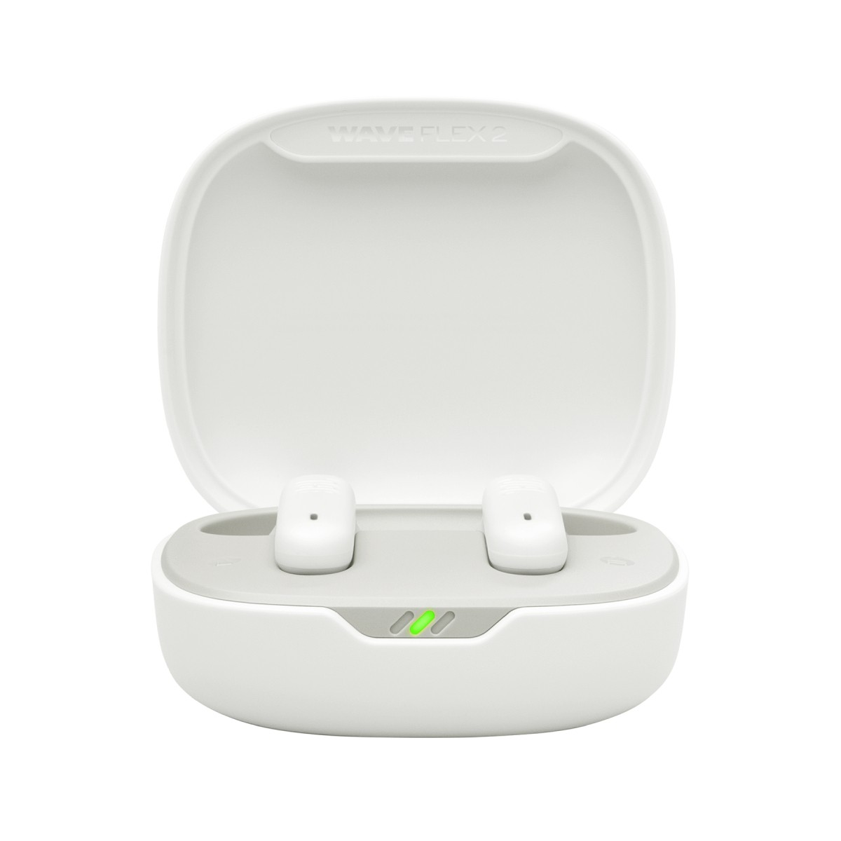 Auriculares inalámbricos blancos en un estuche de carga con luces indicadoras verdes.