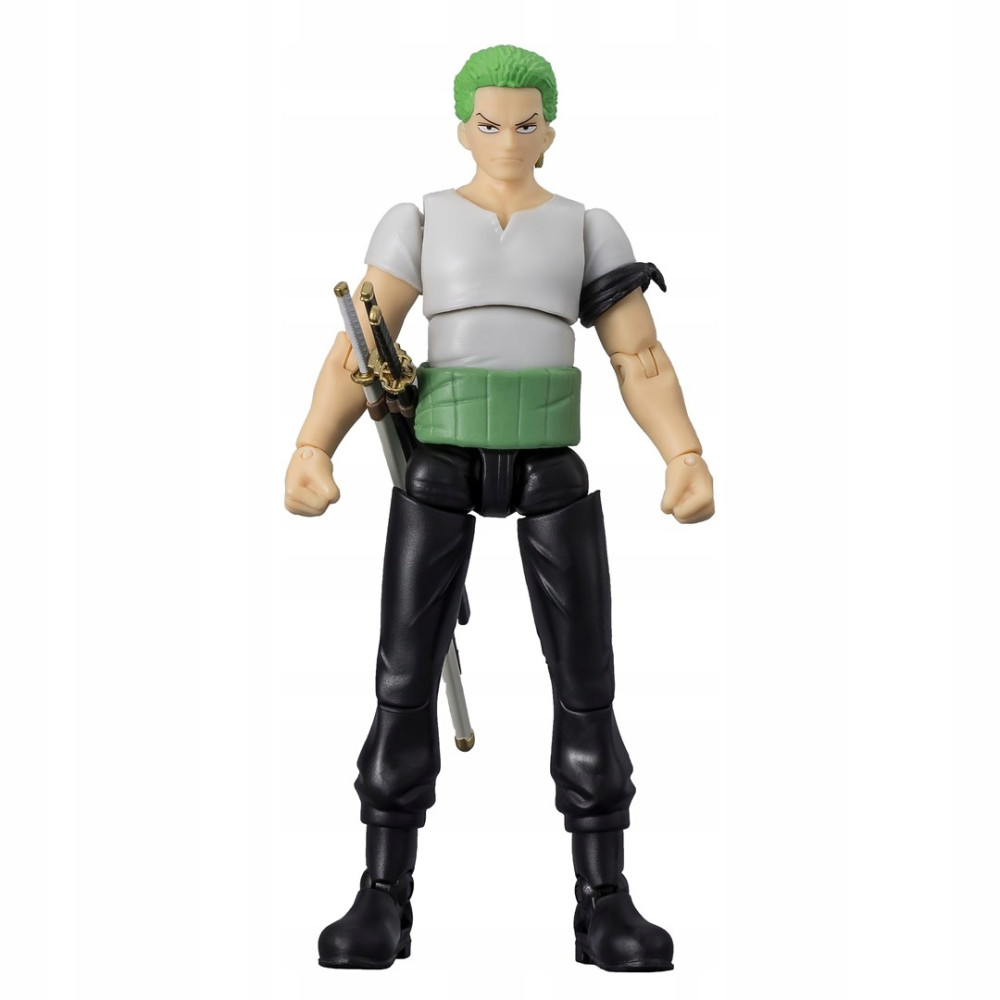 Figurka Roronoa Zoro z zielonymi włosami, białą koszulą i czarnymi spodniami.