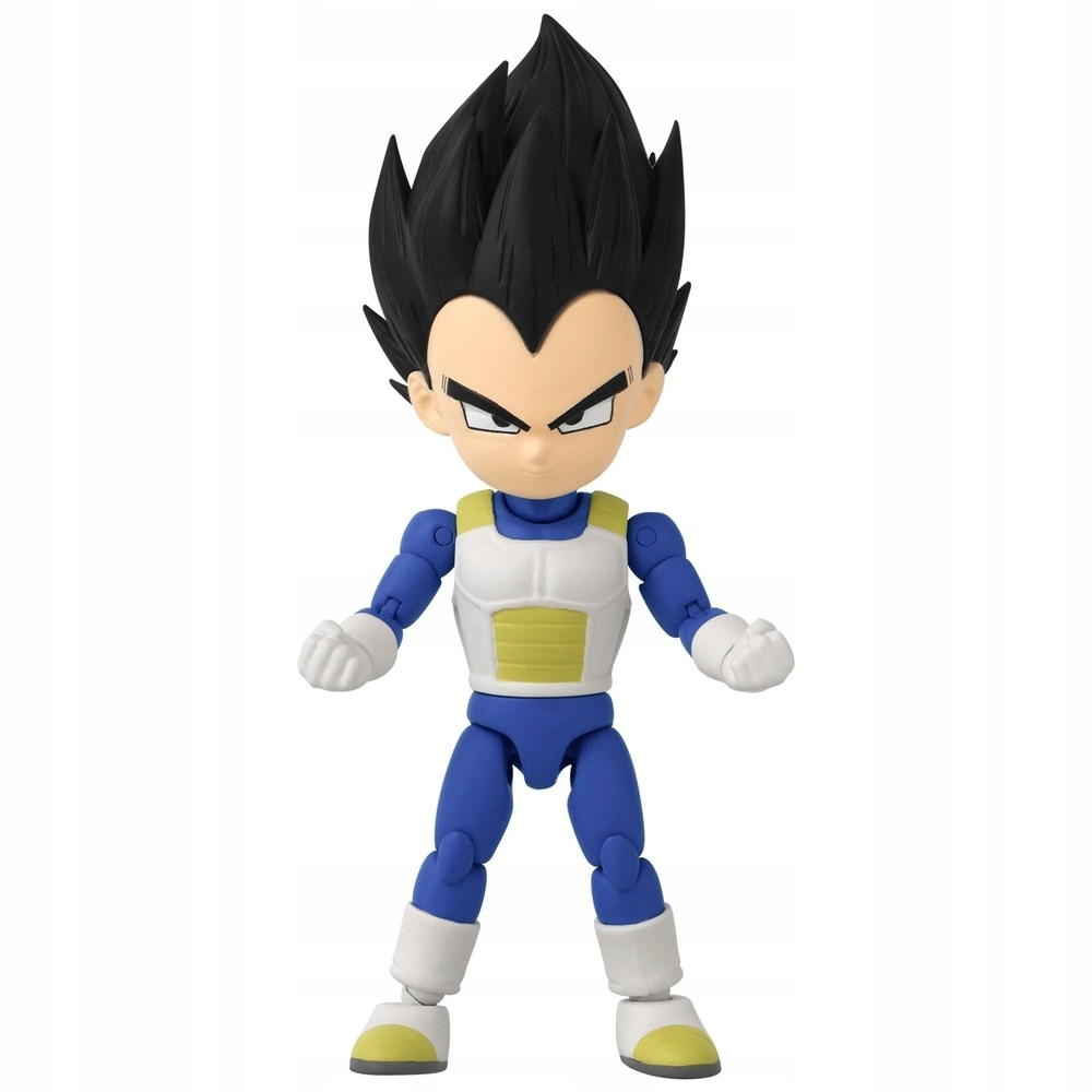 Una figura de acción de Vegeta con cabello negro y armadura azul.