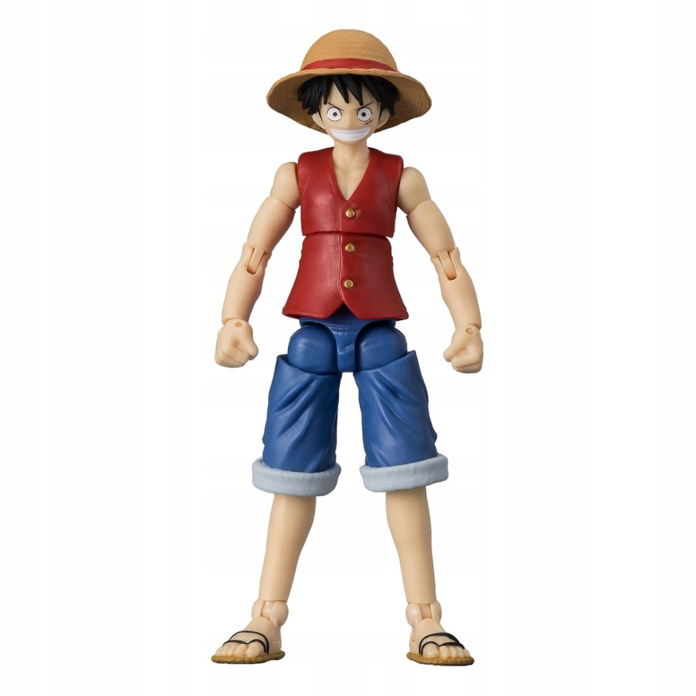 Figurka akcji Monkey D. Luffy w słomkowym kapeluszu, czerwonej kamizelce i niebieskich spodenkach.