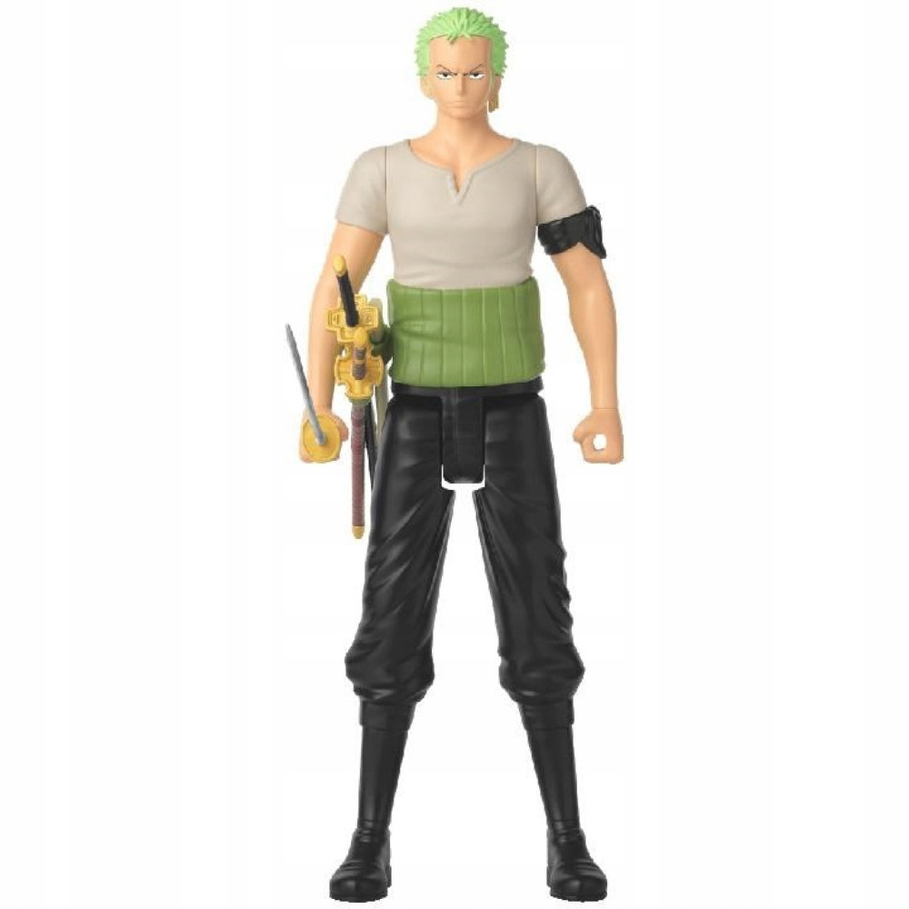 Figurka Roronoa Zoro z trzema mieczami, w szarej koszuli i czarnych spodniach.