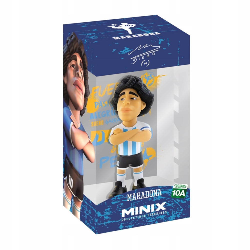 Figurka kolekcjonerska Minix Maradona w pudełku z niebieskim wzorem i tekstem.