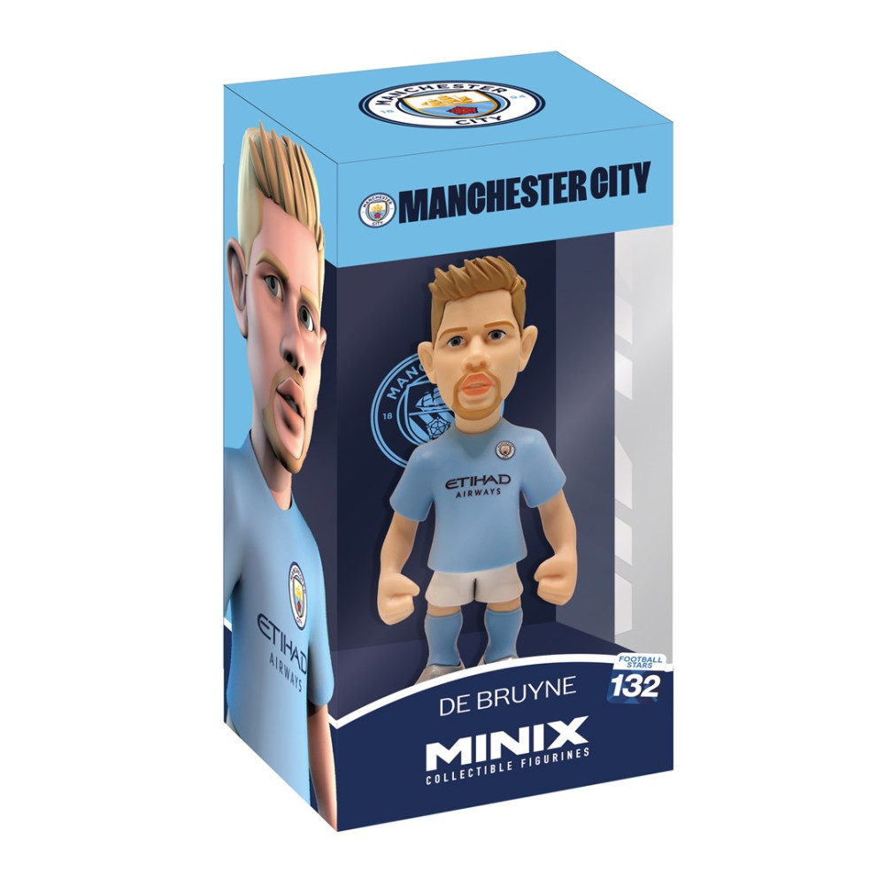 Opakowanie figurki kolekcjonerskiej Minix Kevina De Bruyne w stroju Manchester City.