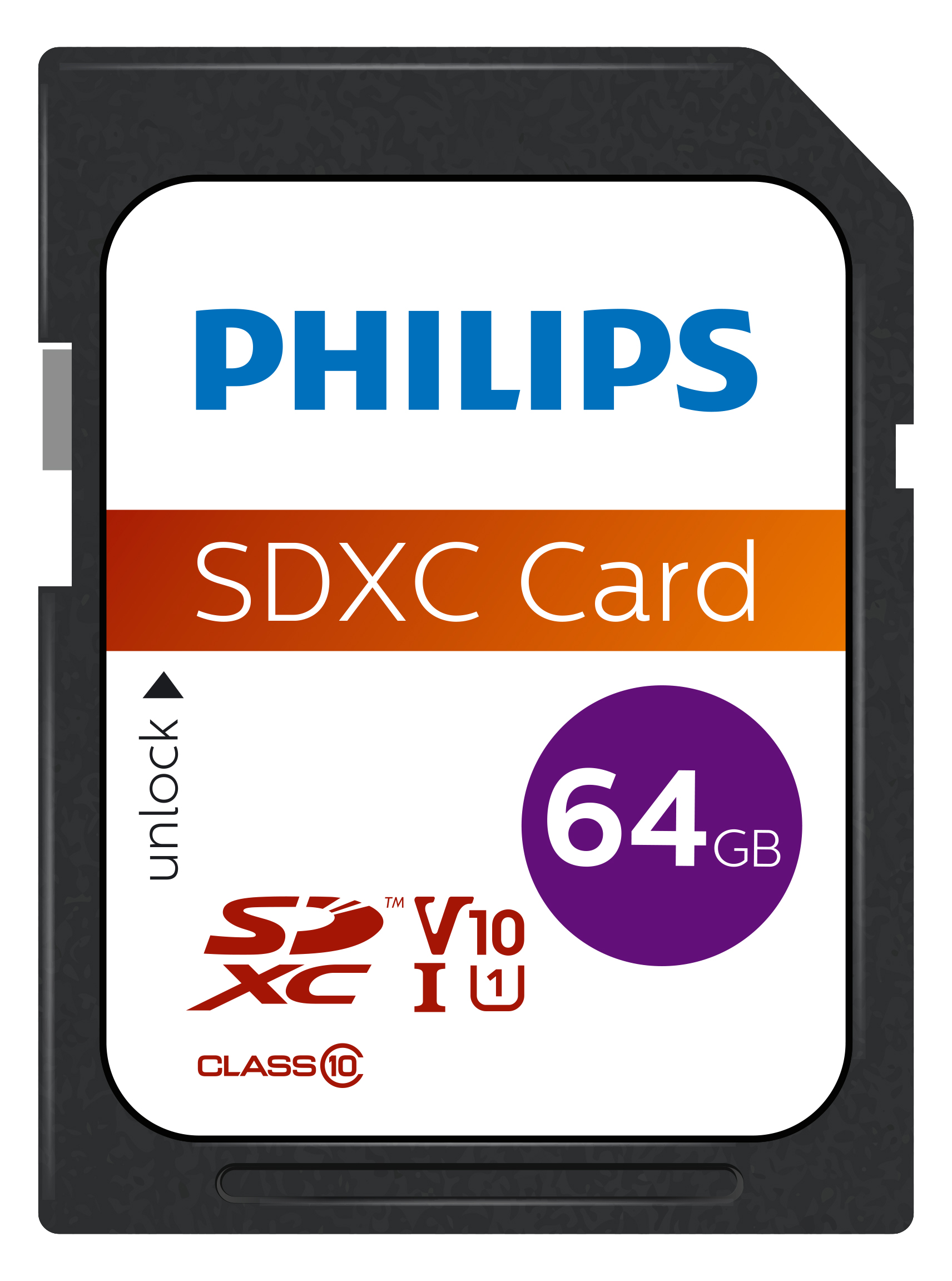 Philips SDXC-Karte 64 GB Class 10 mit V10-Symbol.