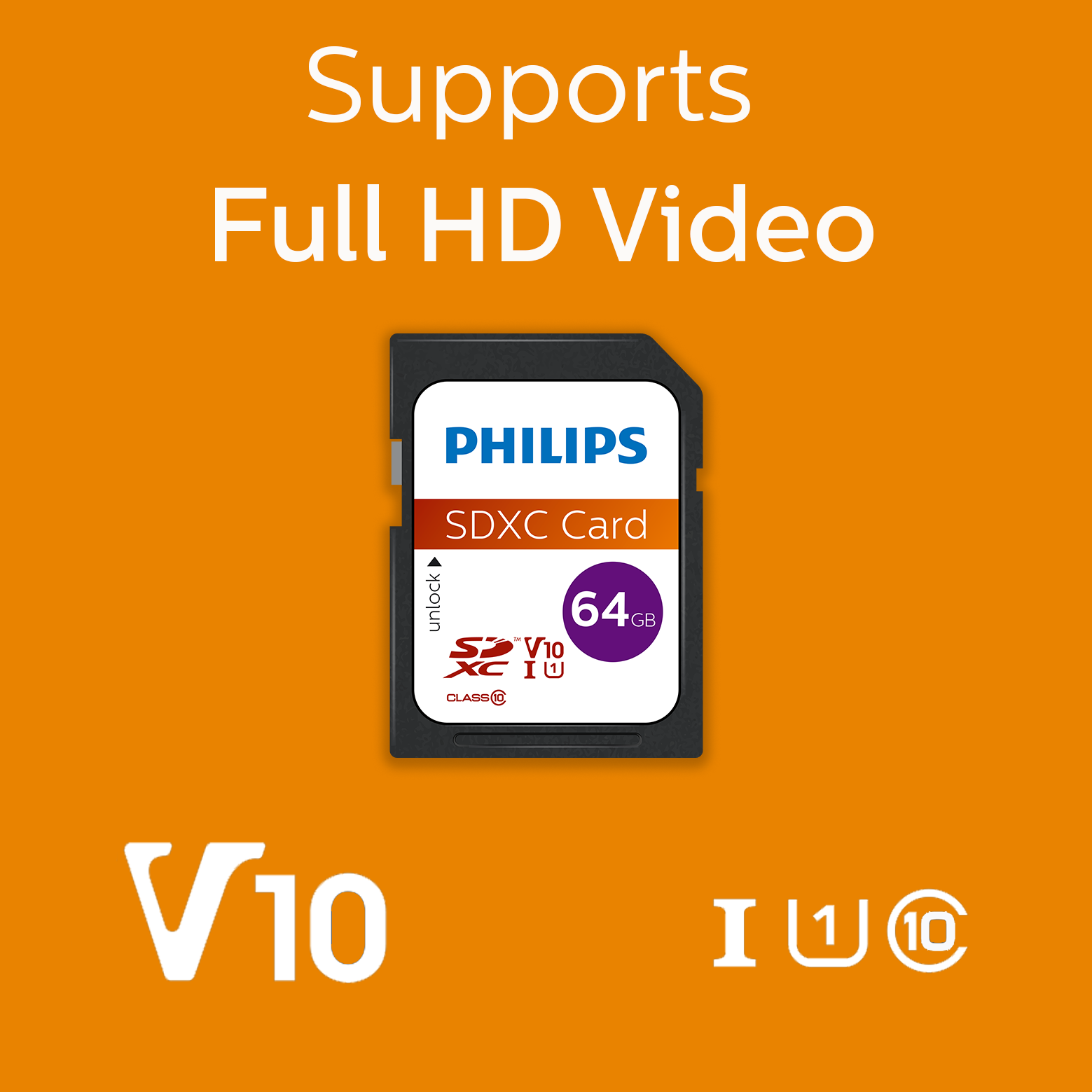 Philips 64GB SDXC-Karte mit V10, U1, Class 10 Unterstützung für Full HD Video.
